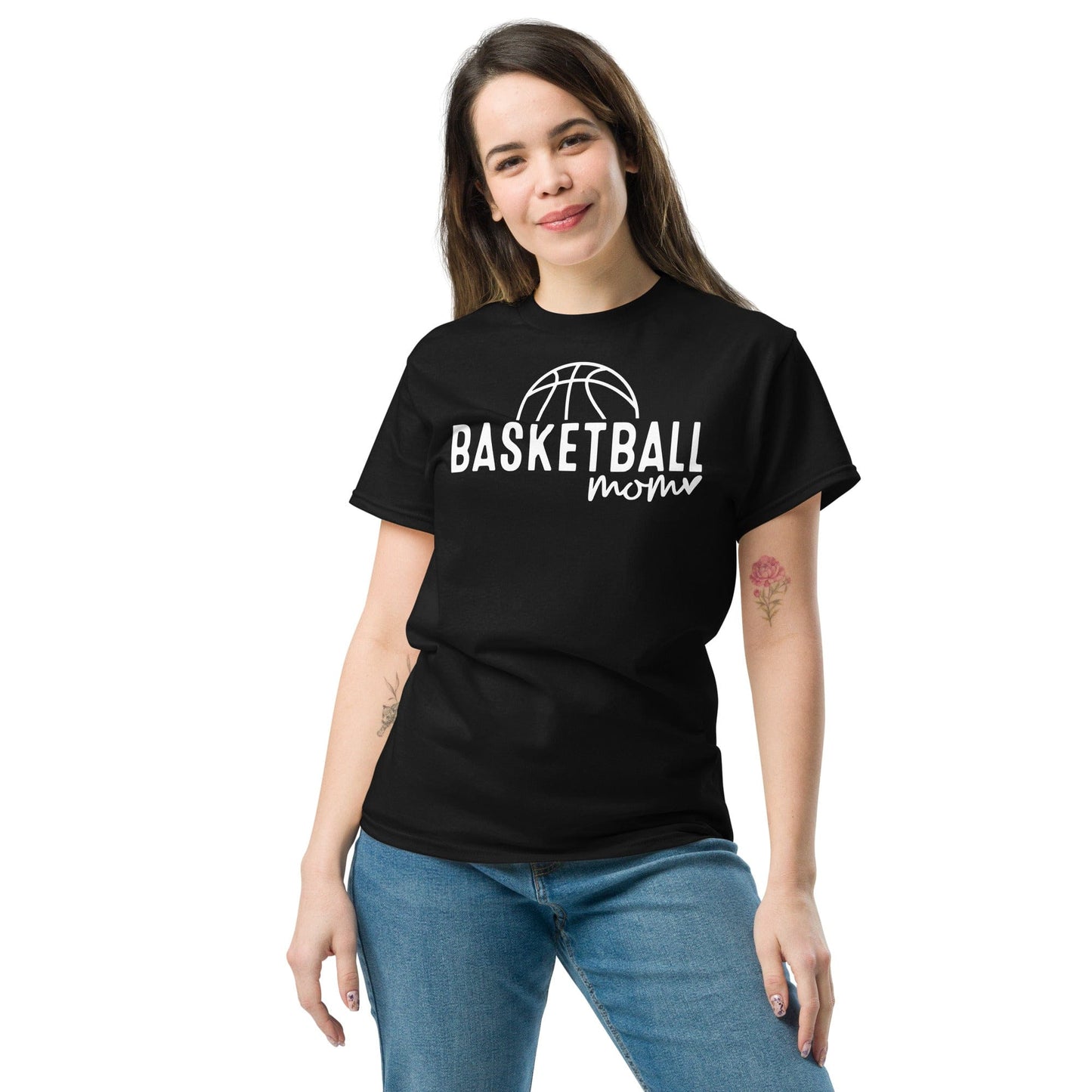 Basketball Mom Hoodie with Basketball and Heart - White Text Spirit Gear Collective