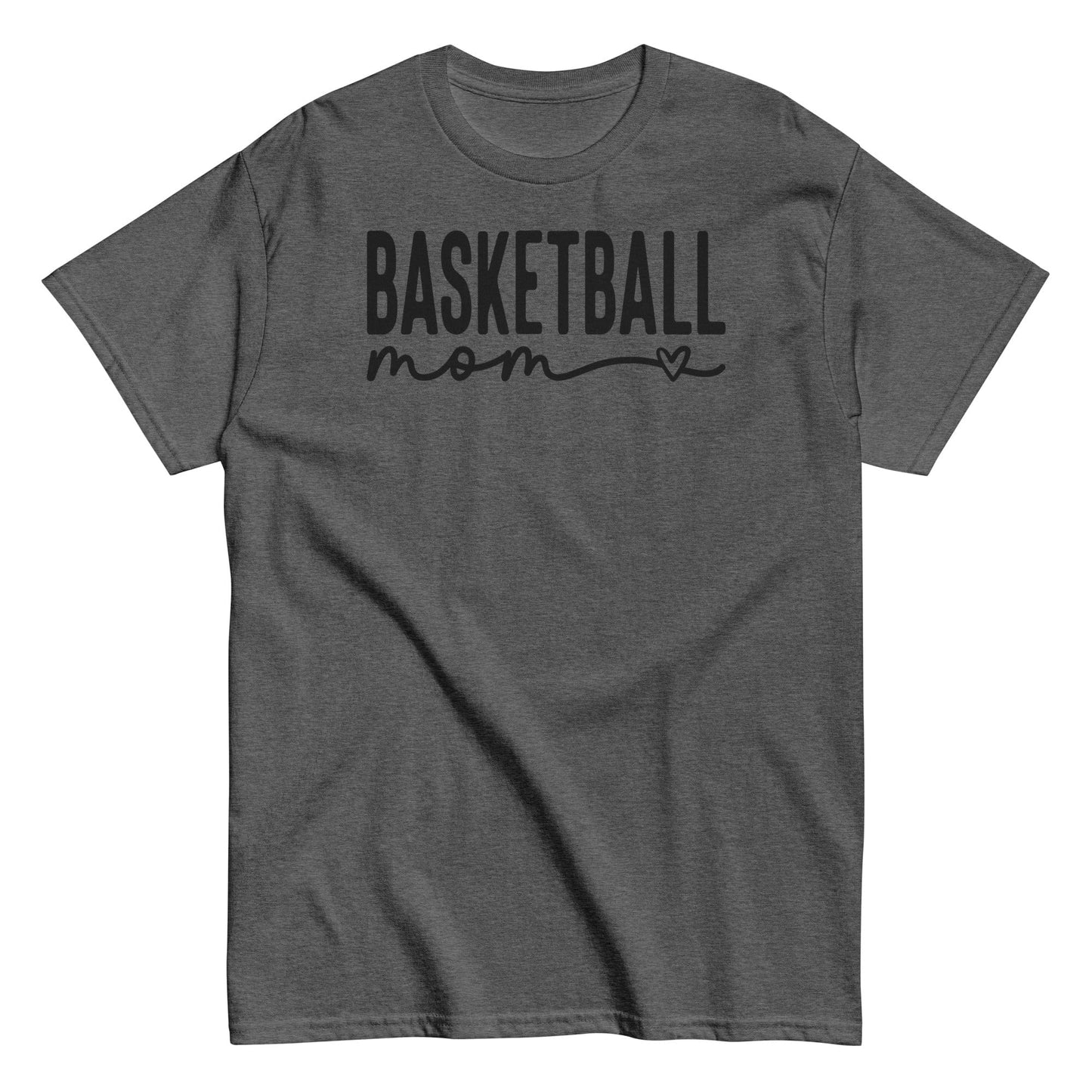 Basketball Mom Shirt with Heart - Black Text Dark Heather / S Spirit Gear Collective T-Shirt