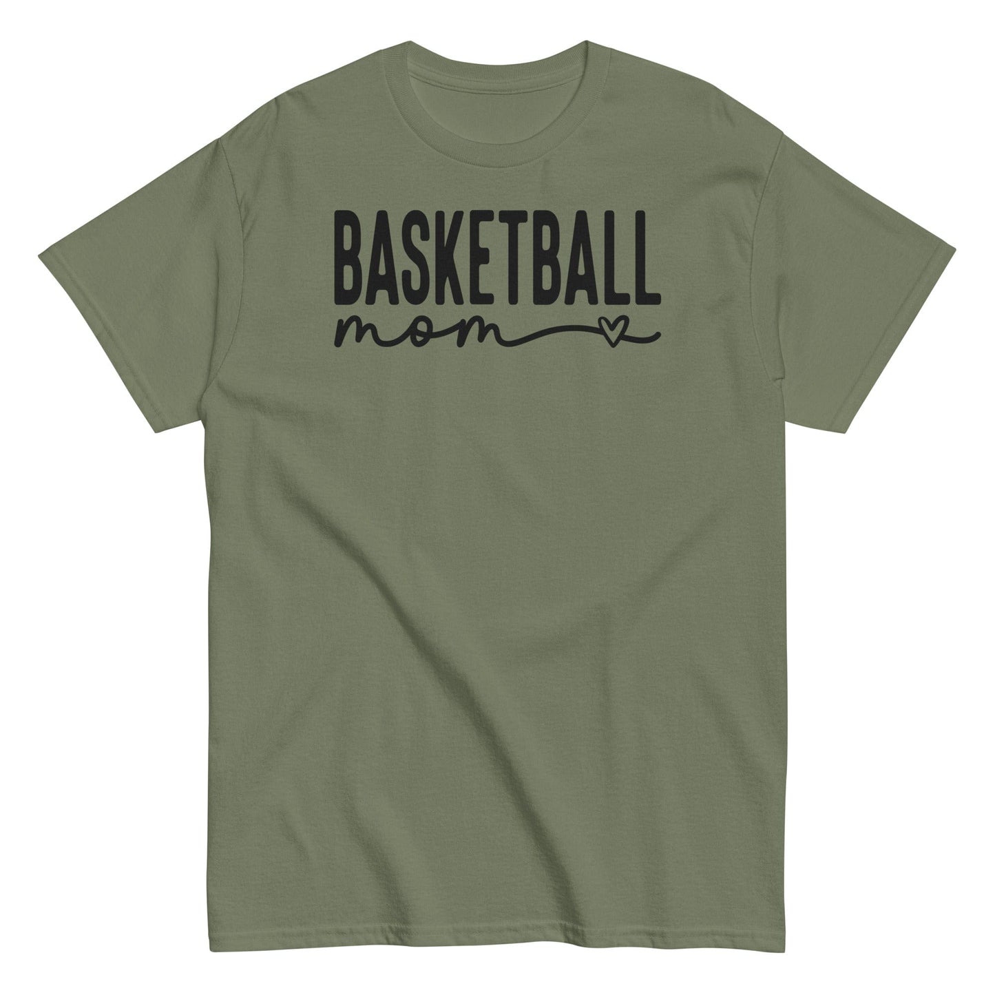 Basketball Mom Shirt with Heart - Black Text Military Green / S Spirit Gear Collective T-Shirt