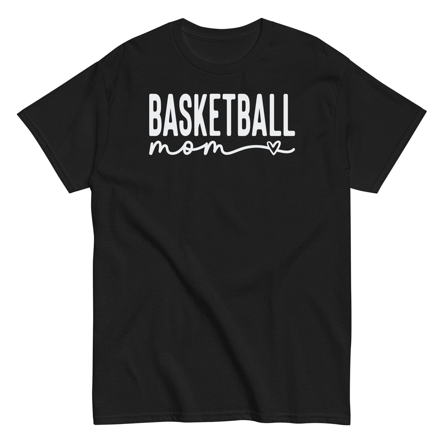 Basketball Mom Shirt with Heart - White Text Black / S Spirit Gear Collective T-Shirt