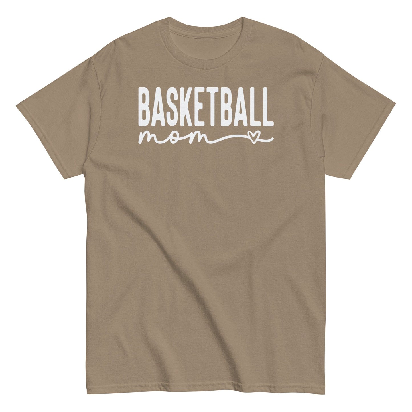 Basketball Mom Shirt with Heart - White Text Brown Savana / S Spirit Gear Collective T-Shirt