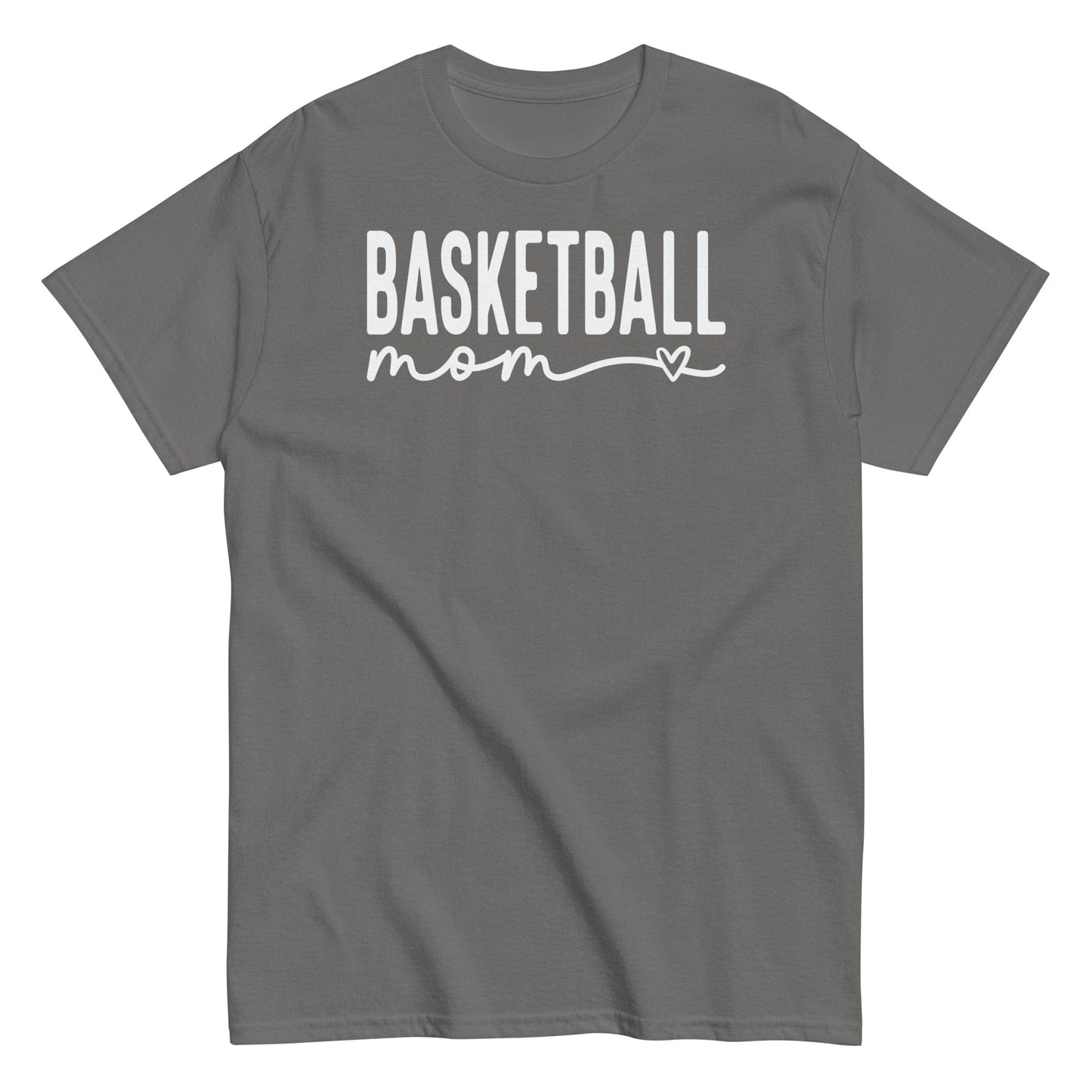 Basketball Mom Shirt with Heart - White Text Charcoal / S Spirit Gear Collective T-Shirt