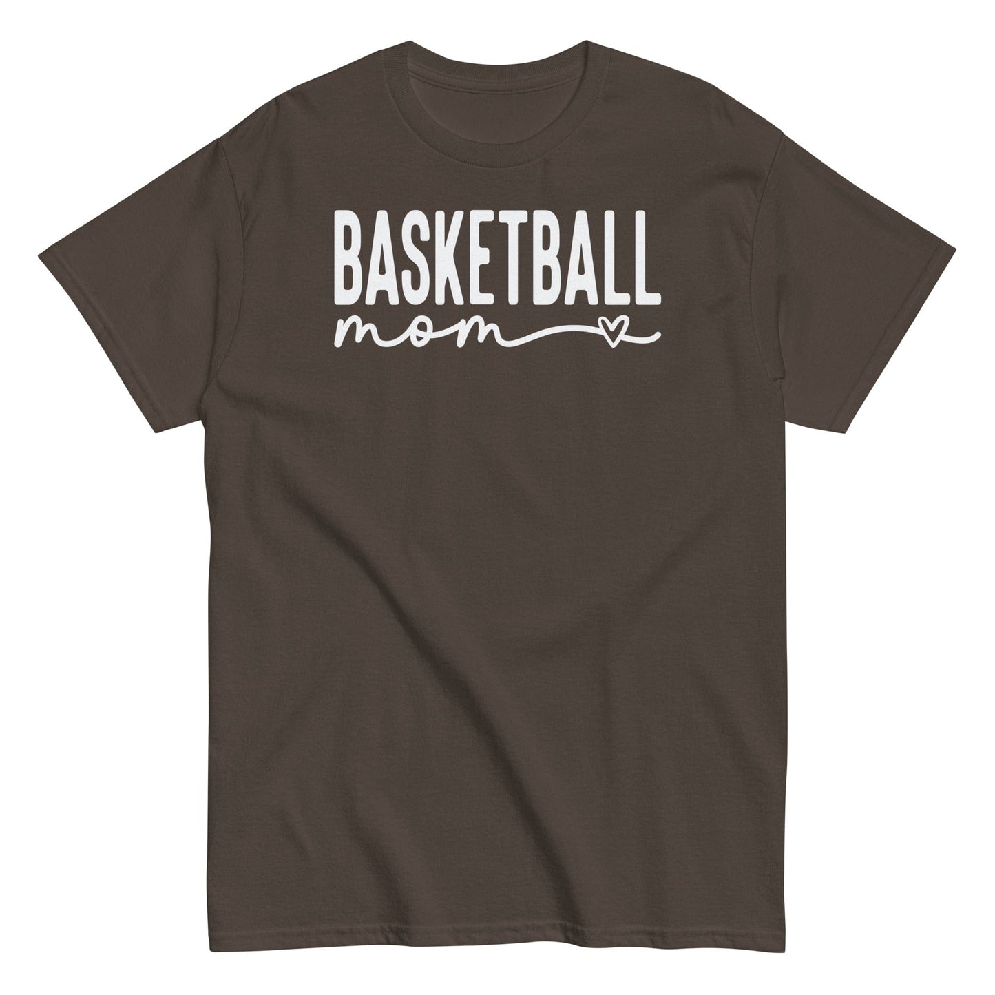 Basketball Mom Shirt with Heart - White Text Dark Chocolate / S Spirit Gear Collective T-Shirt