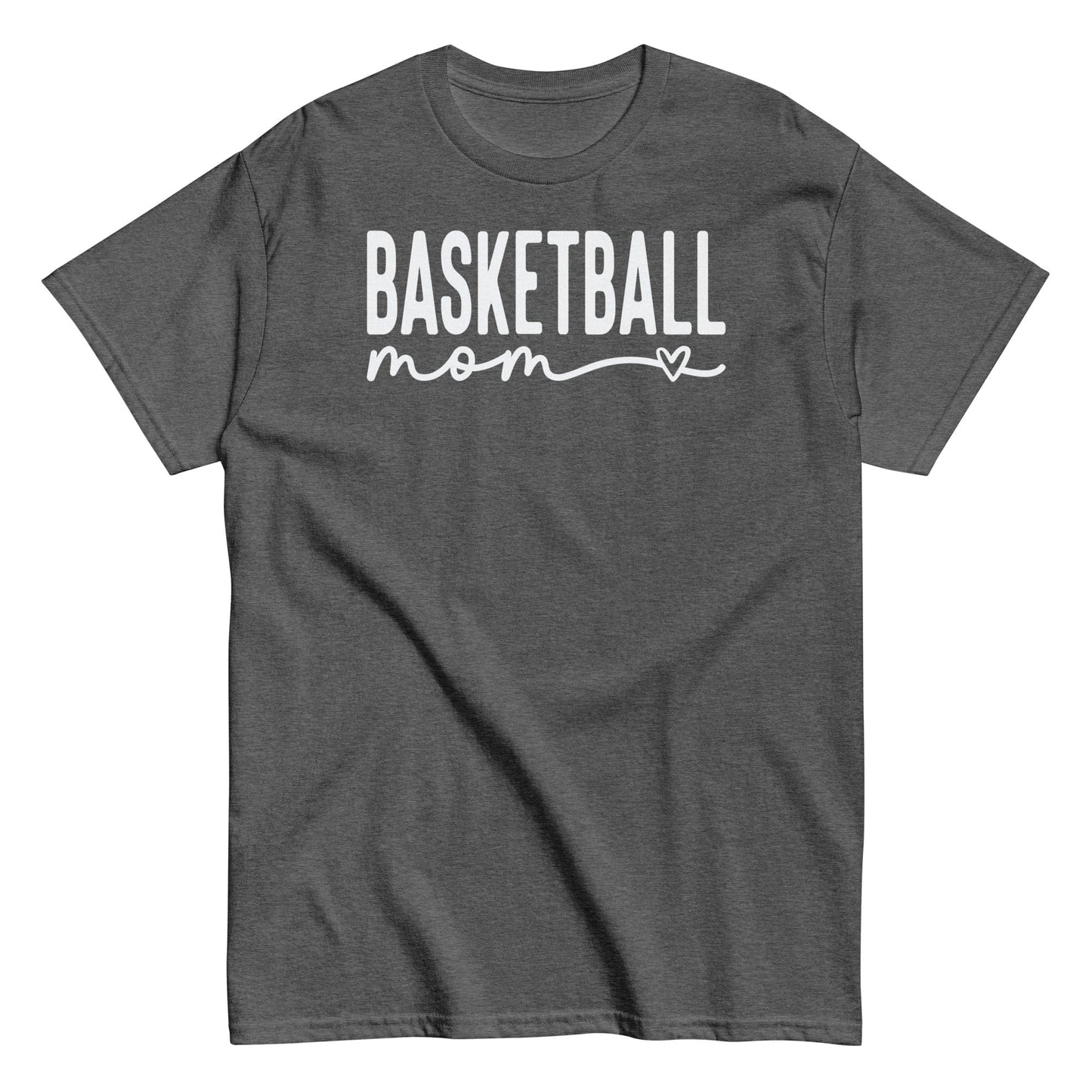 Basketball Mom Shirt with Heart - White Text Dark Heather / S Spirit Gear Collective T-Shirt