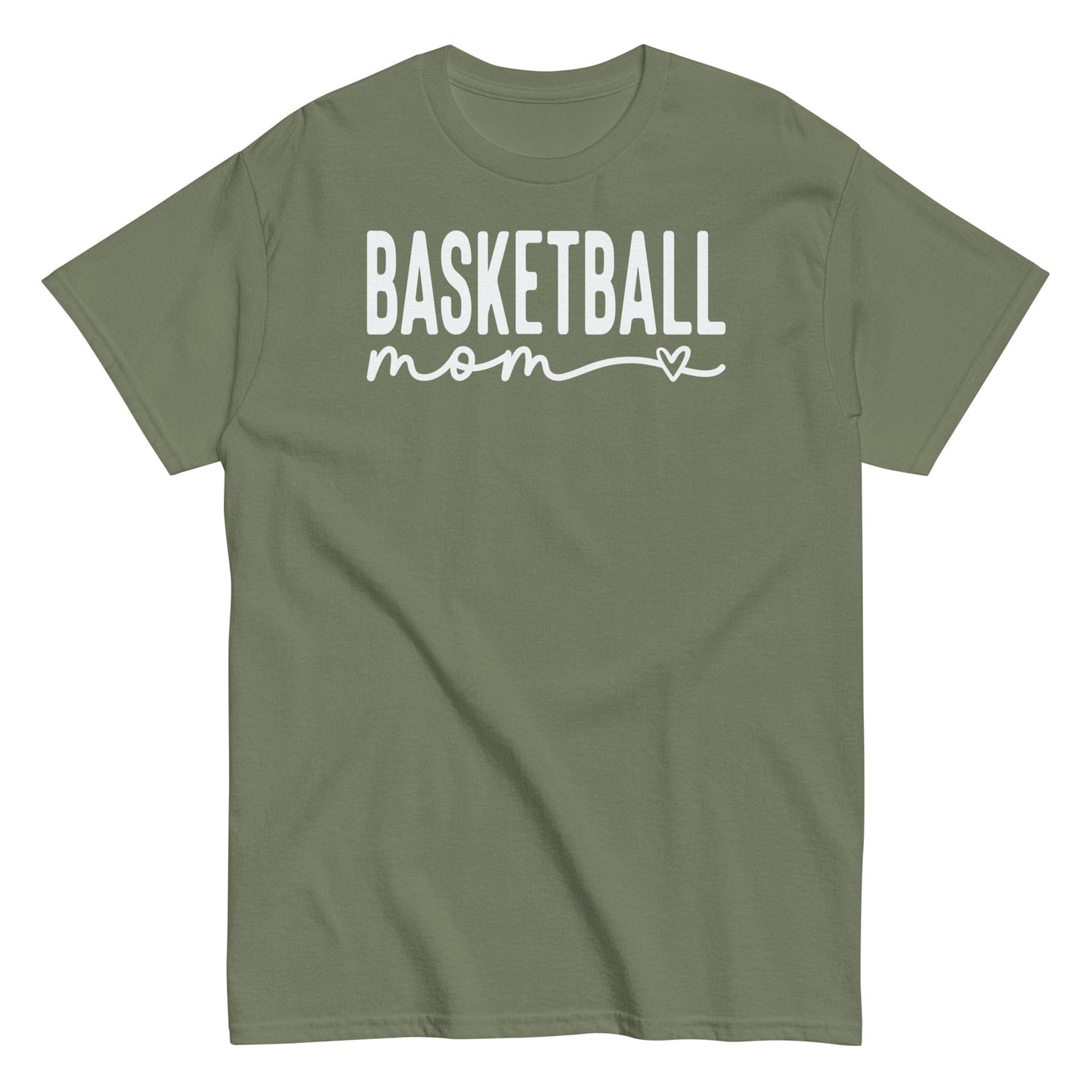 Basketball Mom Shirt with Heart - White Text Military Green / S Spirit Gear Collective T-Shirt