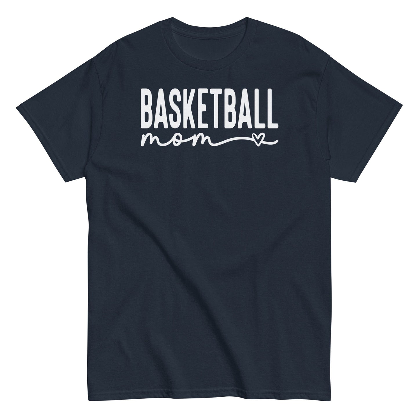 Basketball Mom Shirt with Heart - White Text Navy / S Spirit Gear Collective T-Shirt