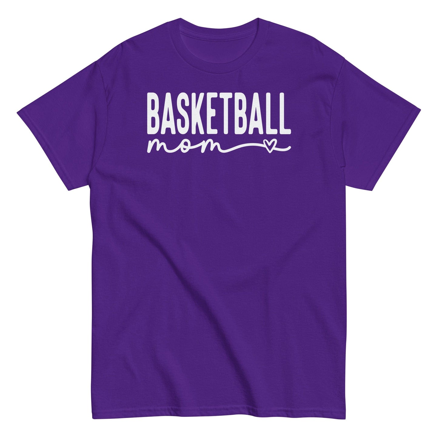 Basketball Mom Shirt with Heart - White Text Purple / S Spirit Gear Collective T-Shirt