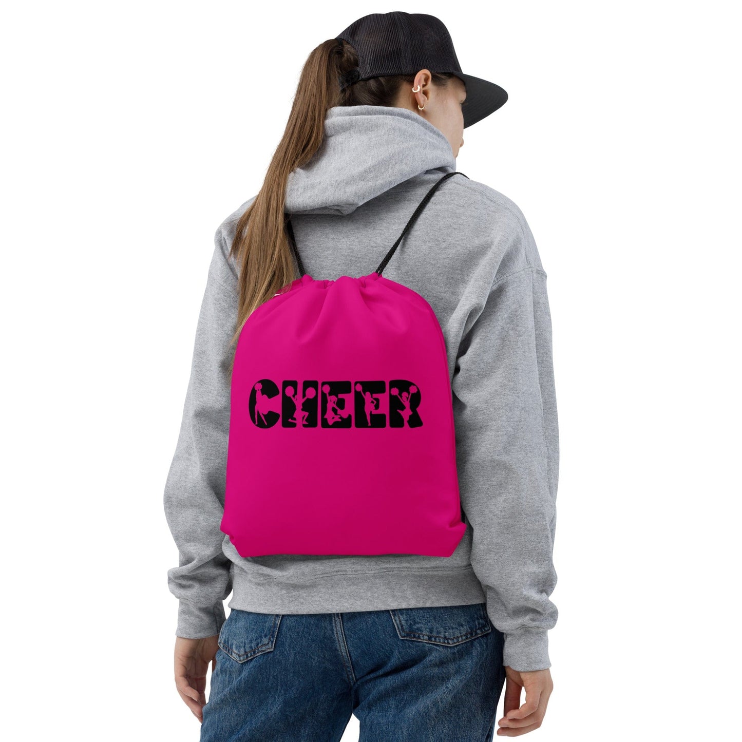 Cheer Graphic Black & Pink Drawstring Bag – Cheerleading Sports Bag Spirit Gear Collective drawstring tote