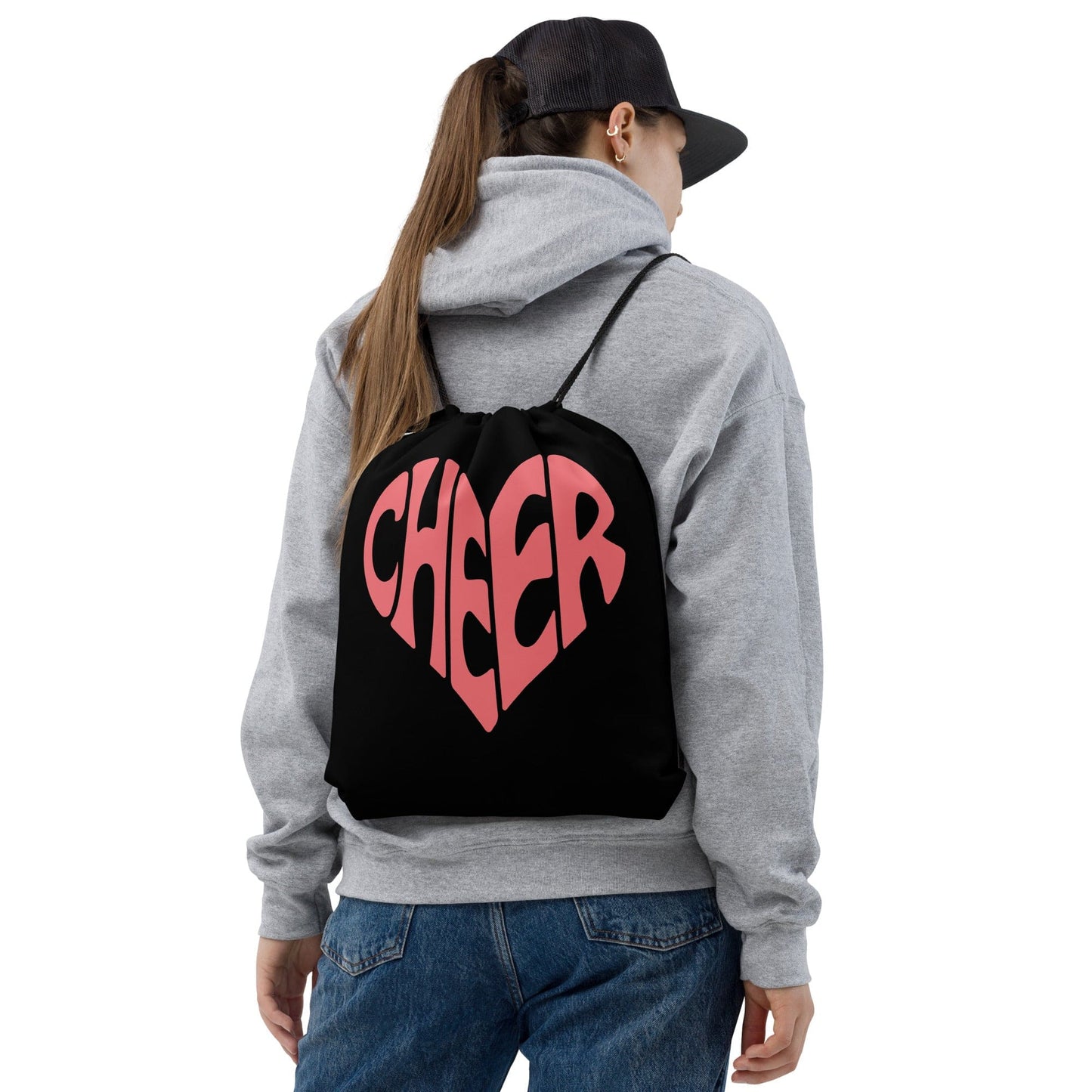 Cheer Heart Black & Pink Drawstring Bag – Cute Cheerleader Practice Sack Spirit Gear Collective drawstring tote
