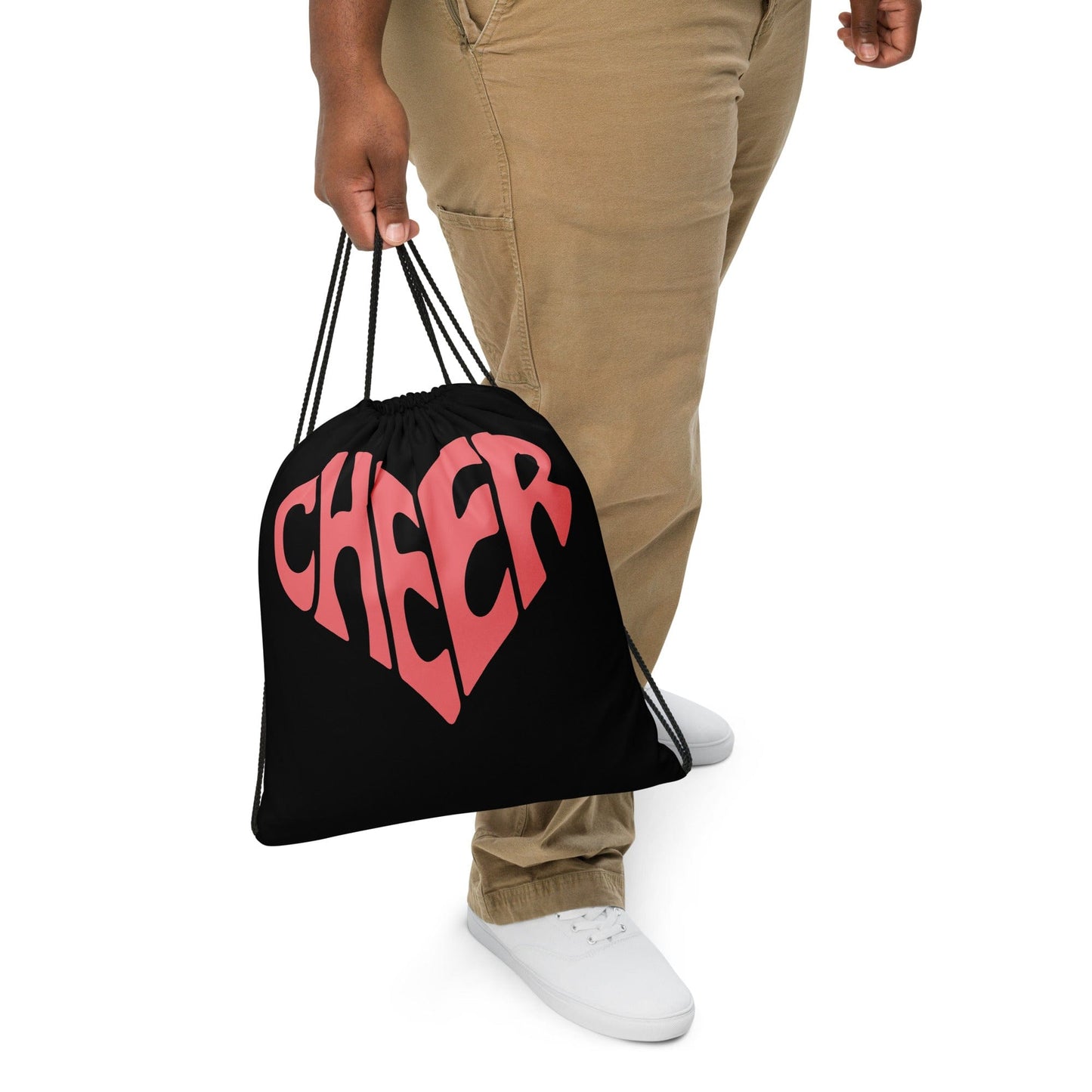 Cheer Heart Black & Pink Drawstring Bag – Cute Cheerleader Practice Sack Spirit Gear Collective drawstring tote