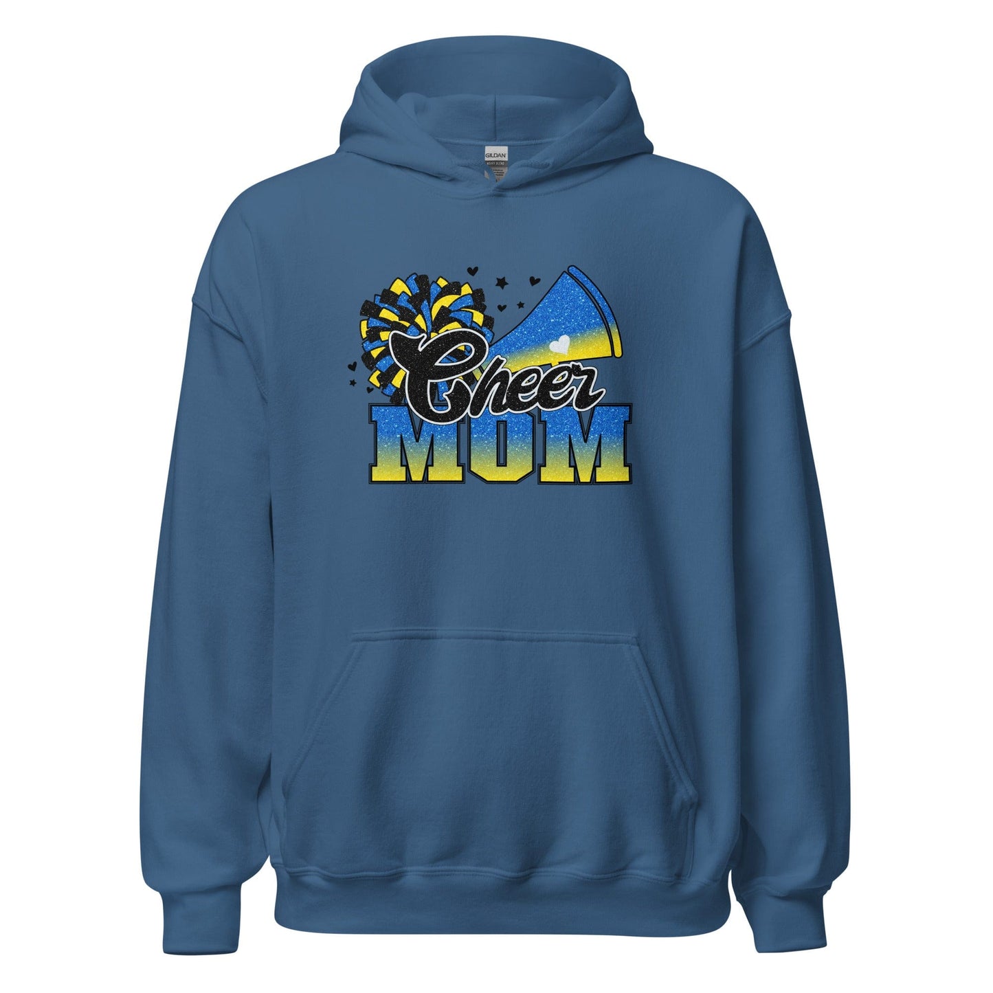 Cheer Mom Hoodie (blue and yellow) Indigo Blue / S Spirit Gear Collective Hoodie
