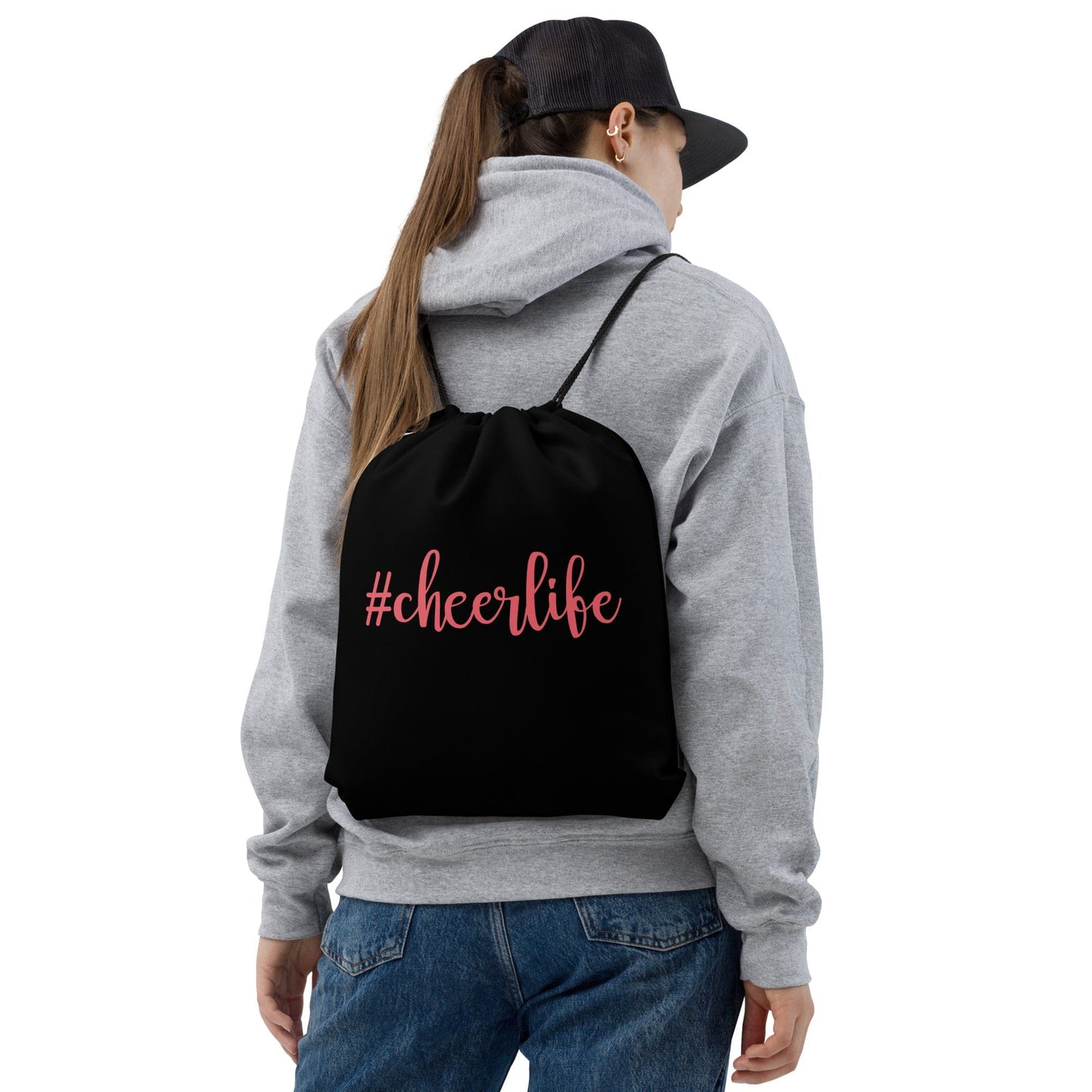#cheerlife Black & Pink Drawstring Bag – Cheerleader Gym Sack Spirit Gear Collective drawstring tote
