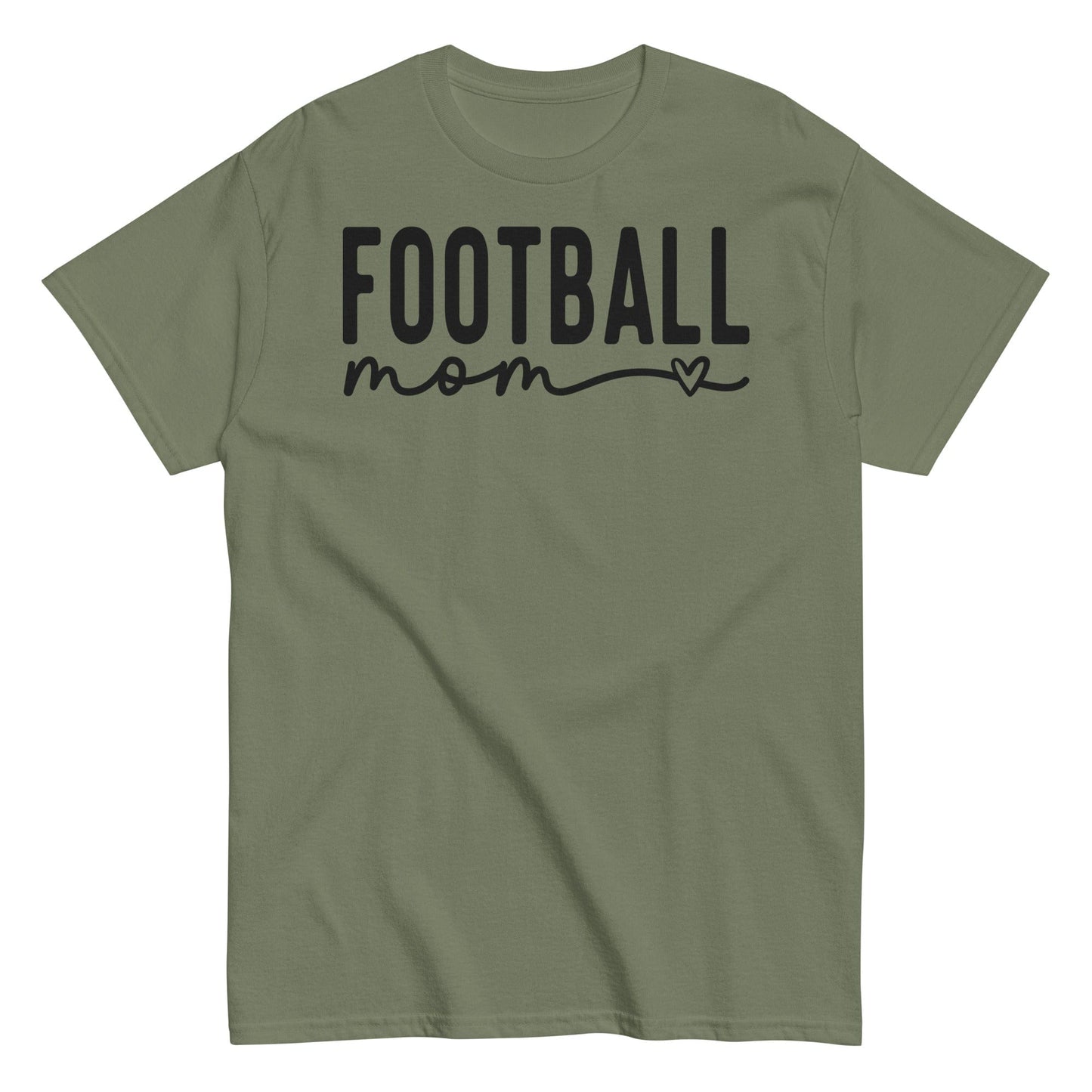 Football Mom Shirt - Bold Text with Heart - Black Text Military Green / S Spirit Gear Collective T-Shirt