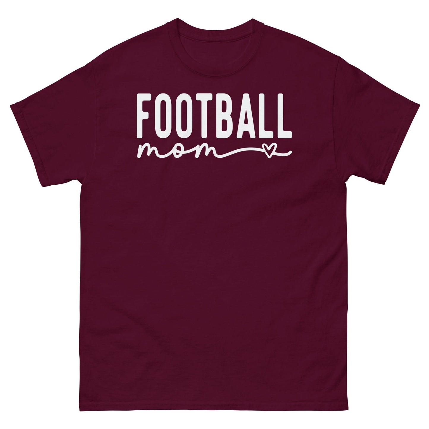 Football Mom Shirt - Bold Text with Heart - White Text Maroon / S Spirit Gear Collective T-Shirt
