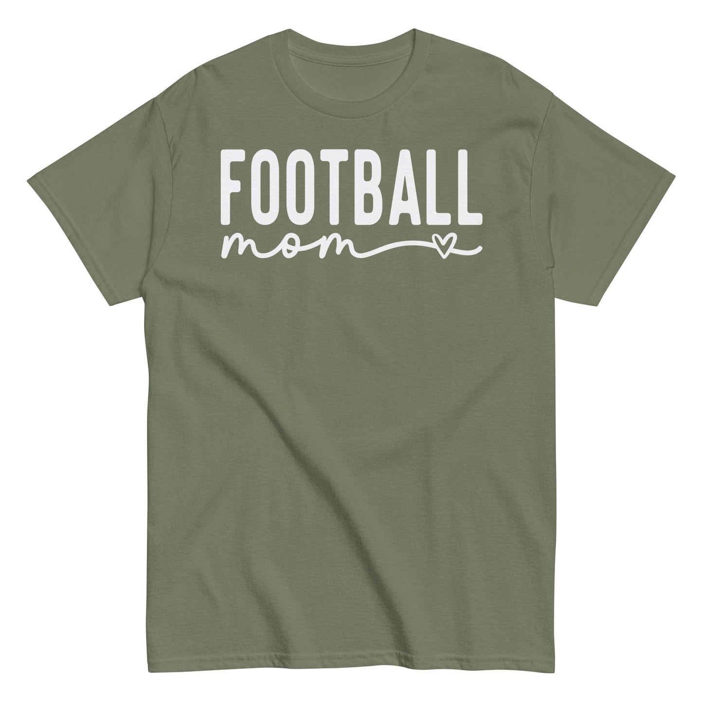 Football Mom Shirt - Bold Text with Heart - White Text Military Green / S Spirit Gear Collective T-Shirt