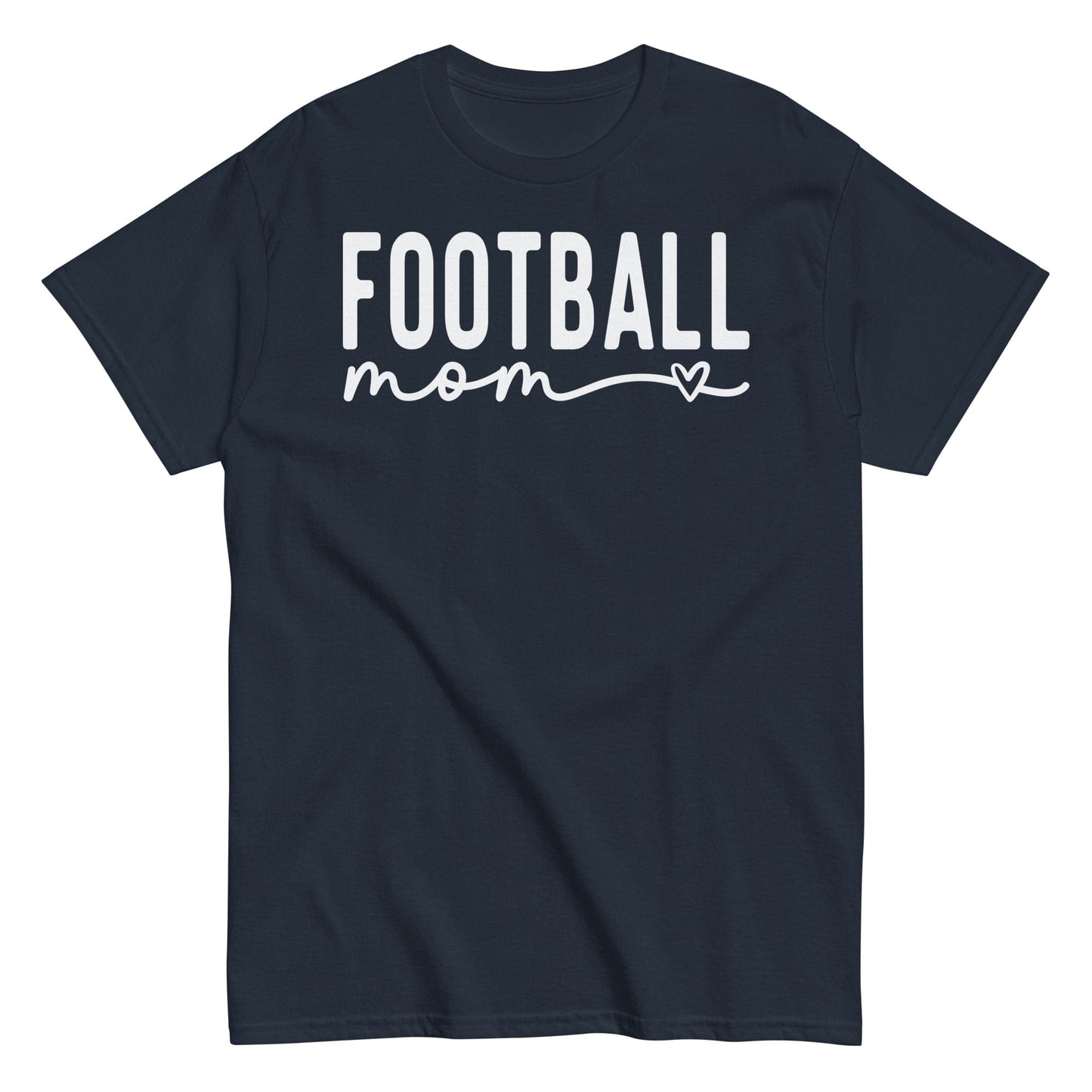 Football Mom Shirt - Bold Text with Heart - White Text Navy / S Spirit Gear Collective T-Shirt