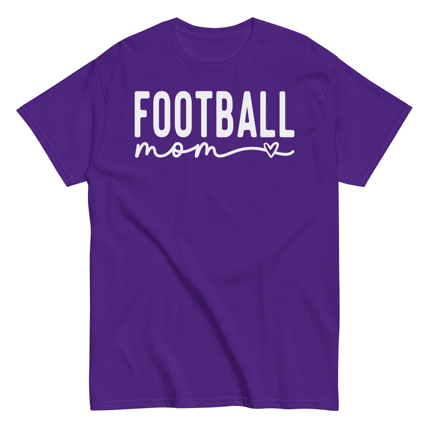 Football Mom Shirt - Bold Text with Heart - White Text Purple / S Spirit Gear Collective T-Shirt