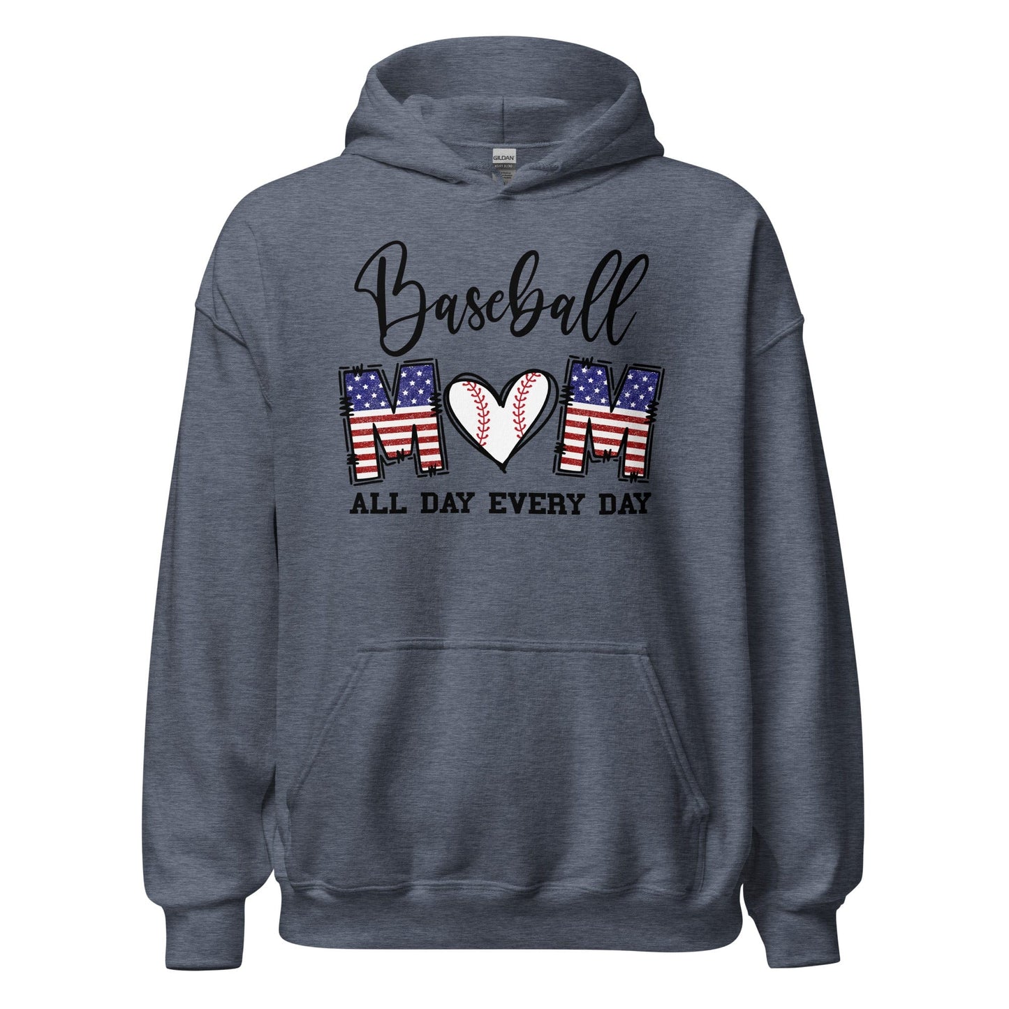 Patriotic Baseball Mom Hoodie - Red, White and Blue Graphic with Baseball Heart Heather Sport Dark Navy / S Spirit Gear Collective Hoodie