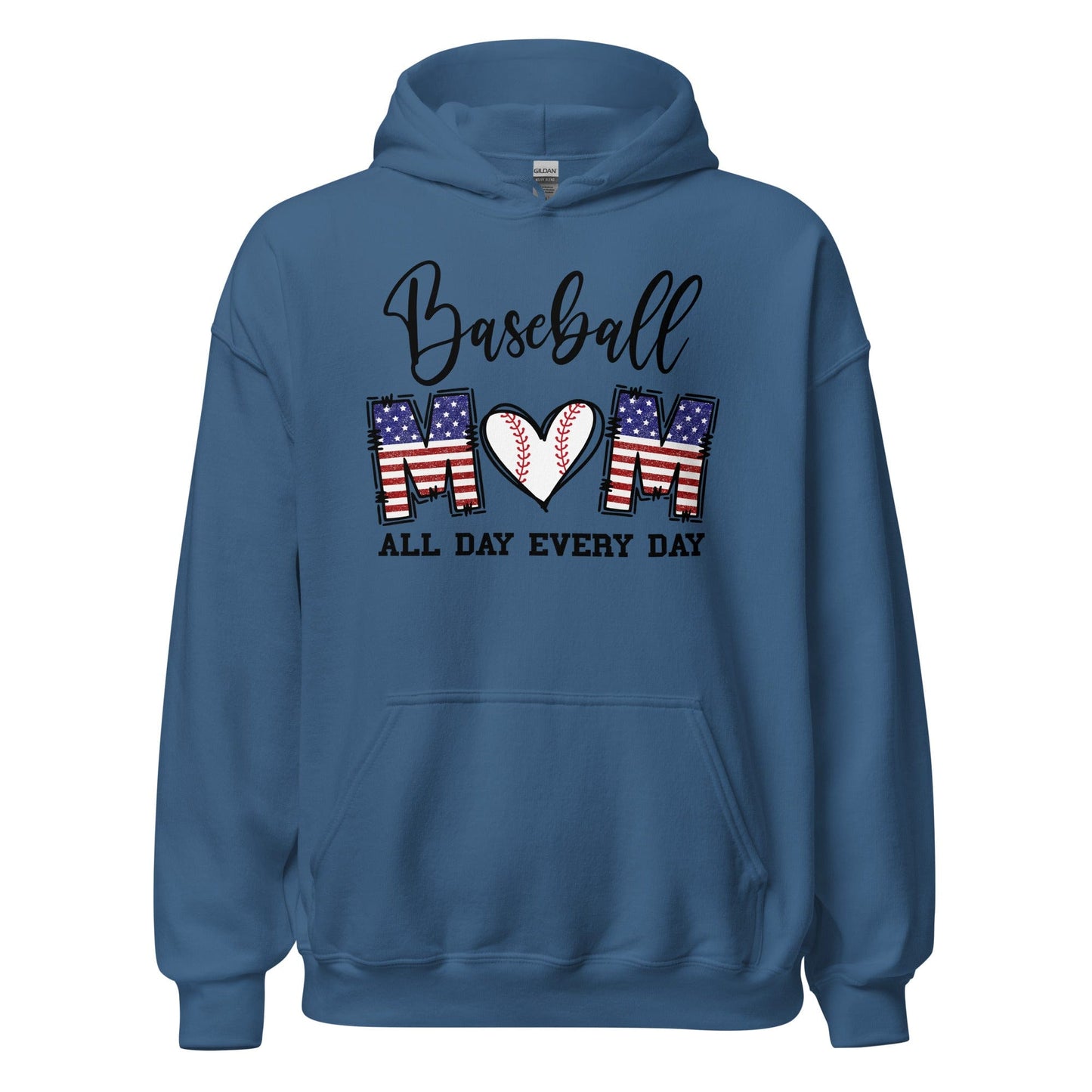 Patriotic Baseball Mom Hoodie - Red, White and Blue Graphic with Baseball Heart Indigo Blue / S Spirit Gear Collective Hoodie