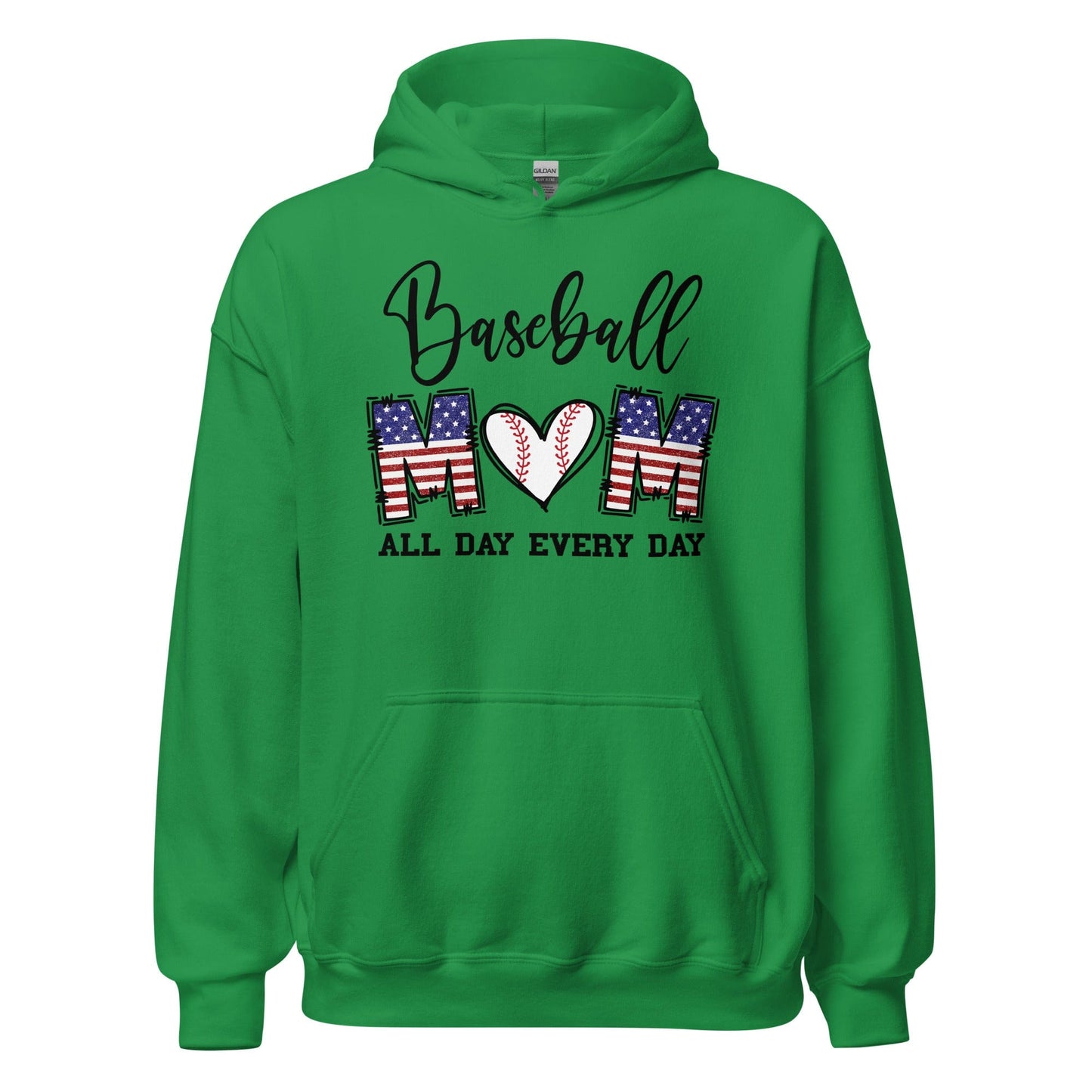 Patriotic Baseball Mom Hoodie - Red, White and Blue Graphic with Baseball Heart Irish Green / S Spirit Gear Collective Hoodie