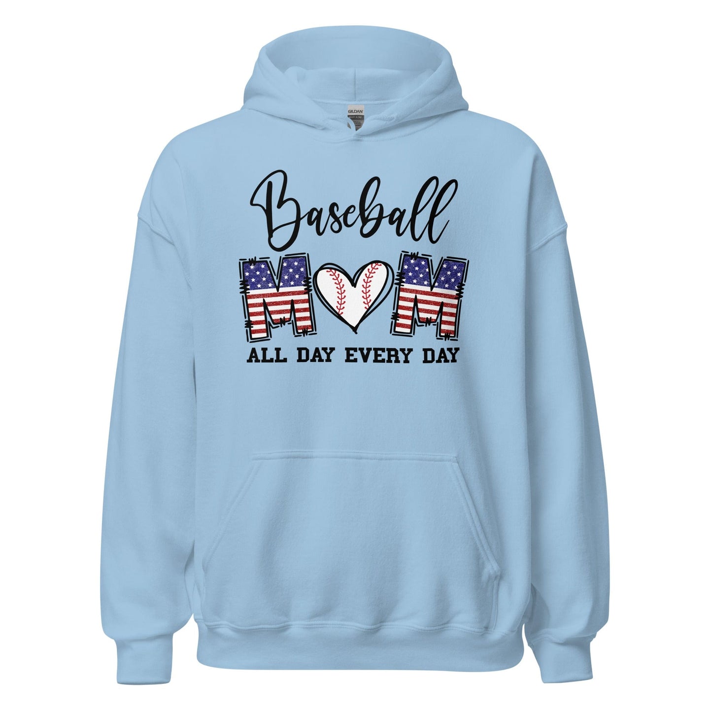 Patriotic Baseball Mom Hoodie - Red, White and Blue Graphic with Baseball Heart Light Blue / S Spirit Gear Collective Hoodie