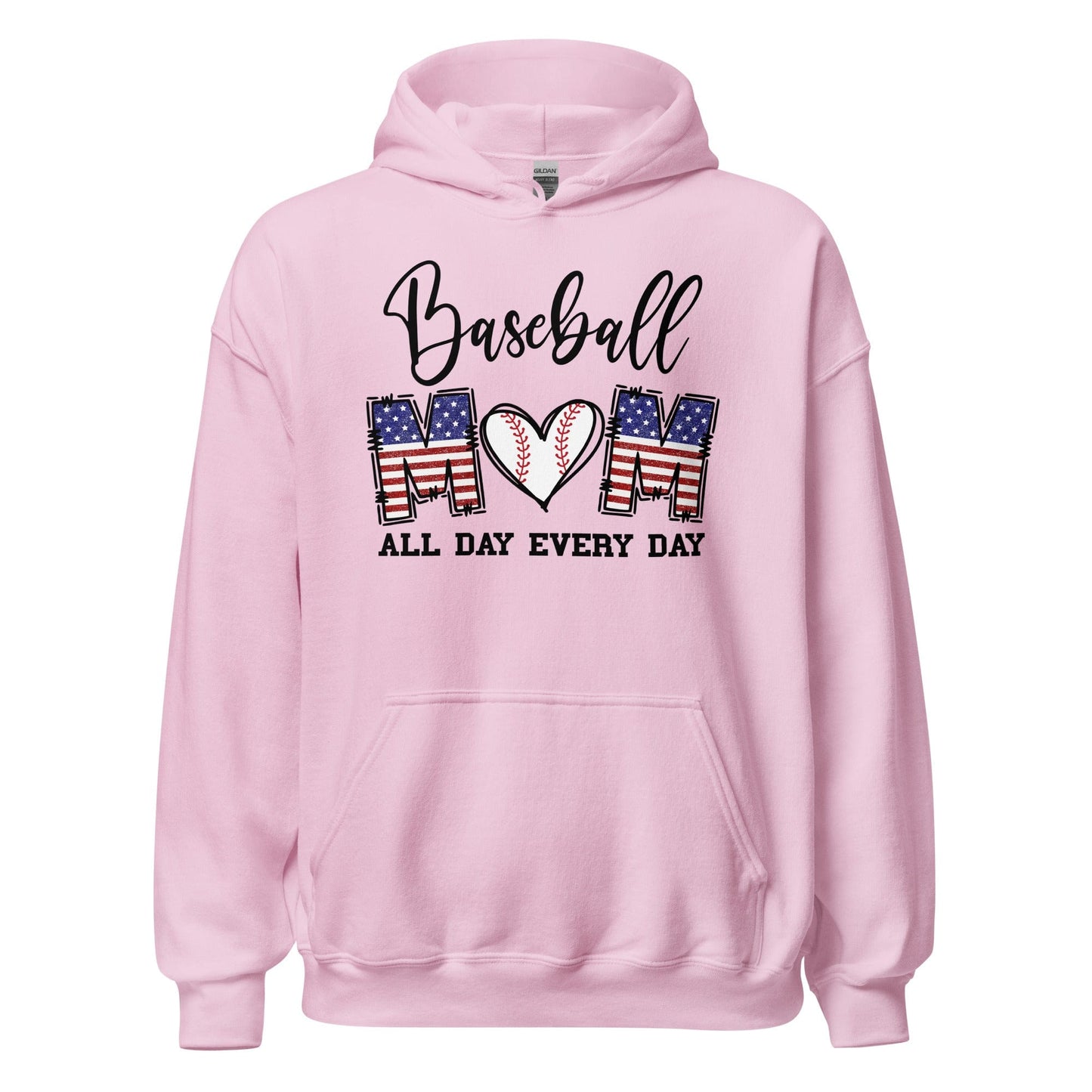 Patriotic Baseball Mom Hoodie - Red, White and Blue Graphic with Baseball Heart Light Pink / S Spirit Gear Collective Hoodie