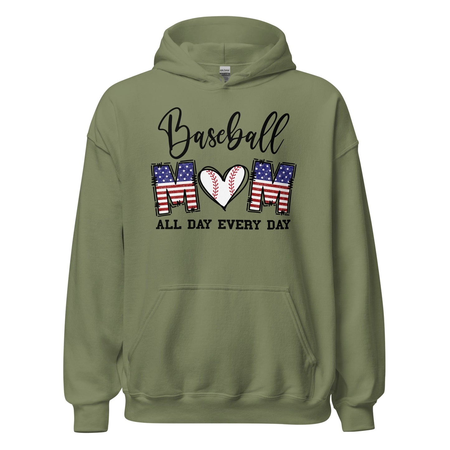 Patriotic Baseball Mom Hoodie - Red, White and Blue Graphic with Baseball Heart Military Green / S Spirit Gear Collective Hoodie