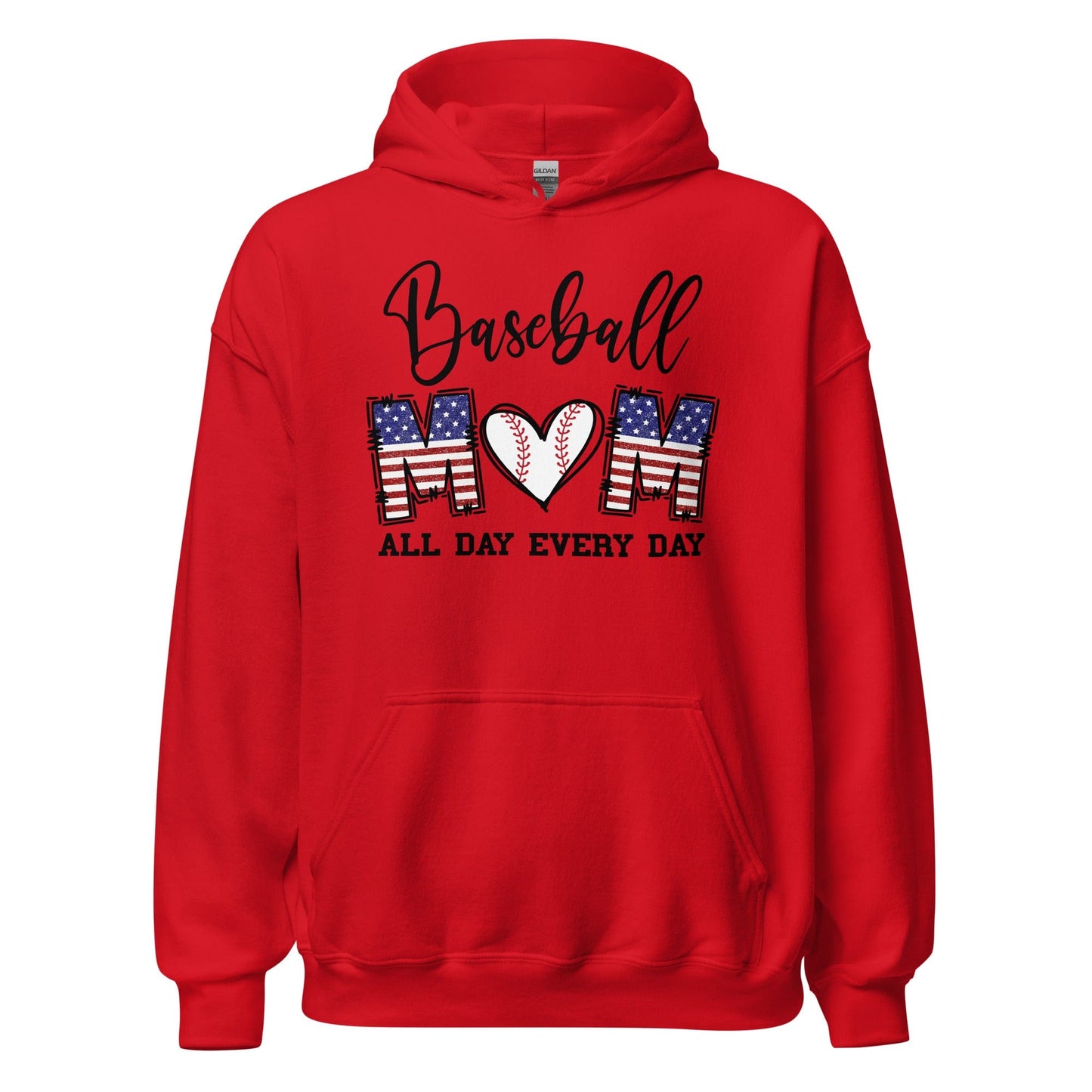 Patriotic Baseball Mom Hoodie - Red, White and Blue Graphic with Baseball Heart Red / S Spirit Gear Collective Hoodie