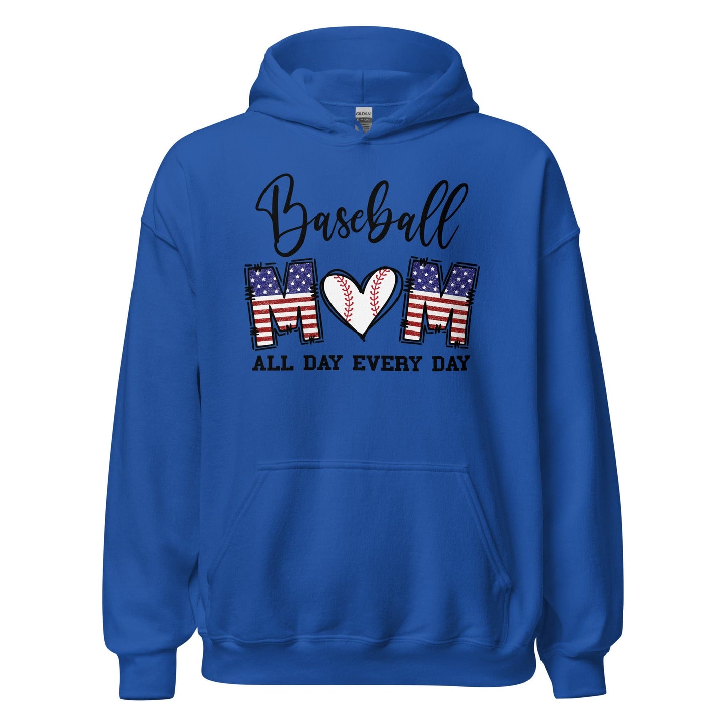 Patriotic Baseball Mom Hoodie - Red, White and Blue Graphic with Baseball Heart Royal / S Spirit Gear Collective Hoodie