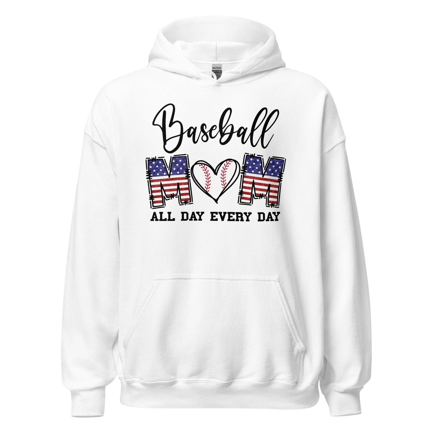 Patriotic Baseball Mom Hoodie - Red, White and Blue Graphic with Baseball Heart White / S Spirit Gear Collective Hoodie