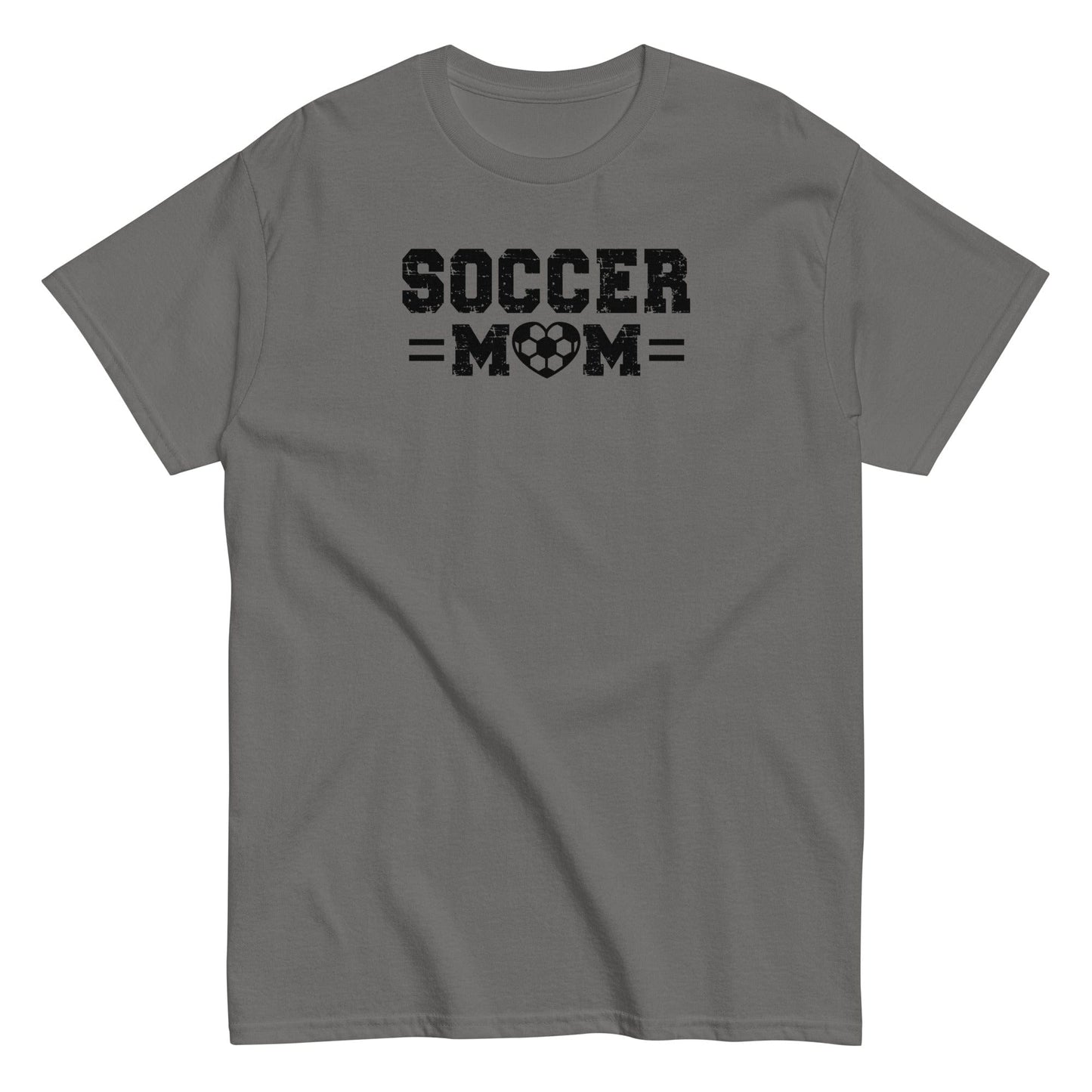 Soccer Mom Shirt – Distressed Text with Soccer Heart Design Charcoal / S Spirit Gear Collective T-Shirt