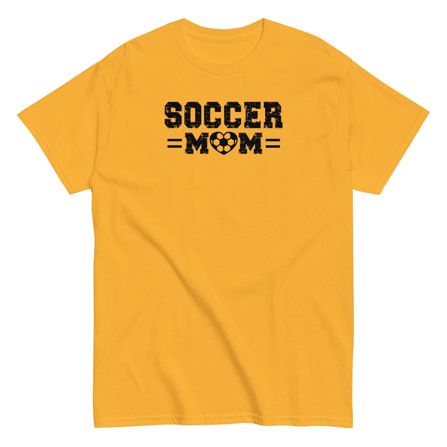 Soccer Mom Shirt – Distressed Text with Soccer Heart Design Gold / S Spirit Gear Collective T-Shirt
