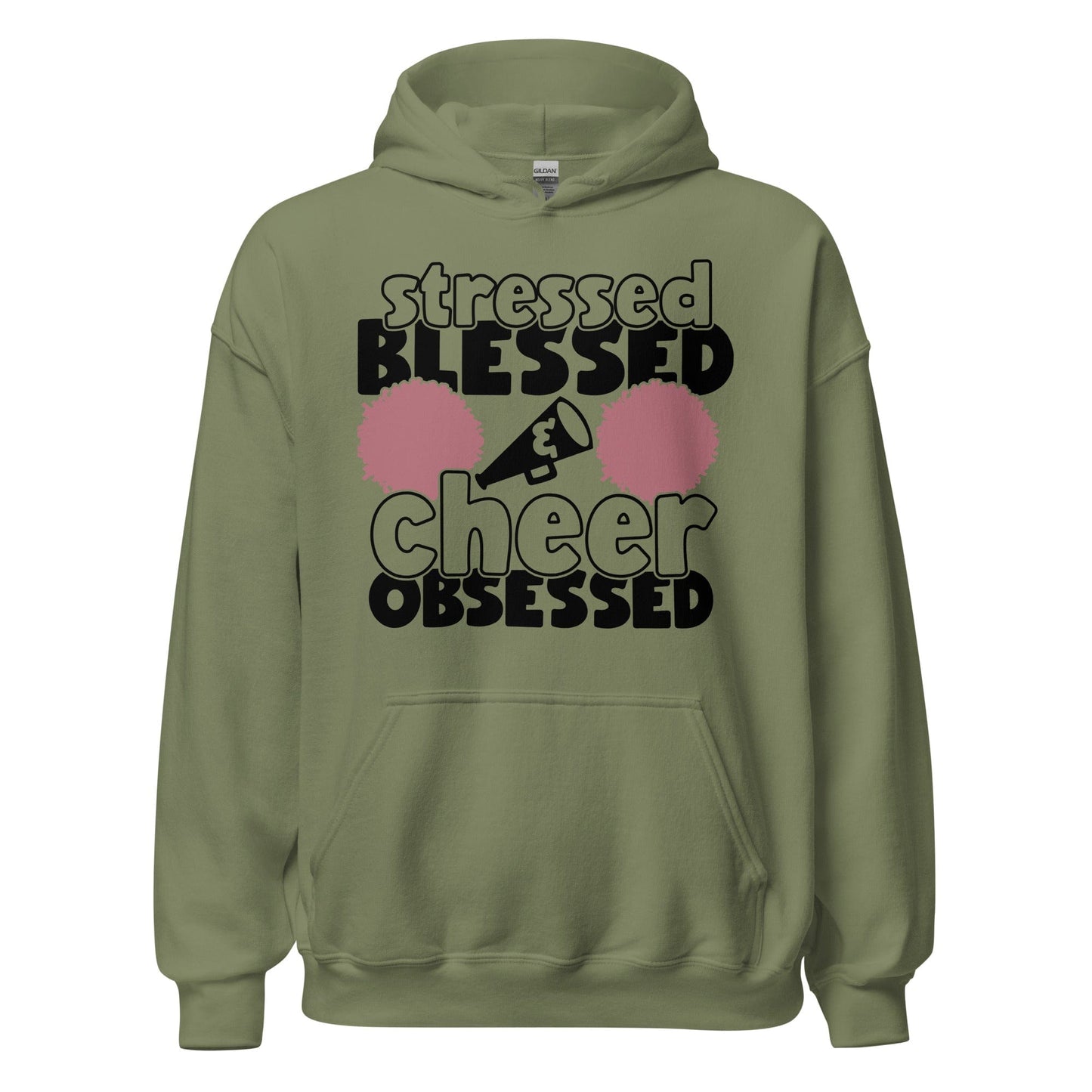 Stressed Blessed and Cheer Obsessed Hoodie Military Green / S Spirit Gear Collective Hoodie