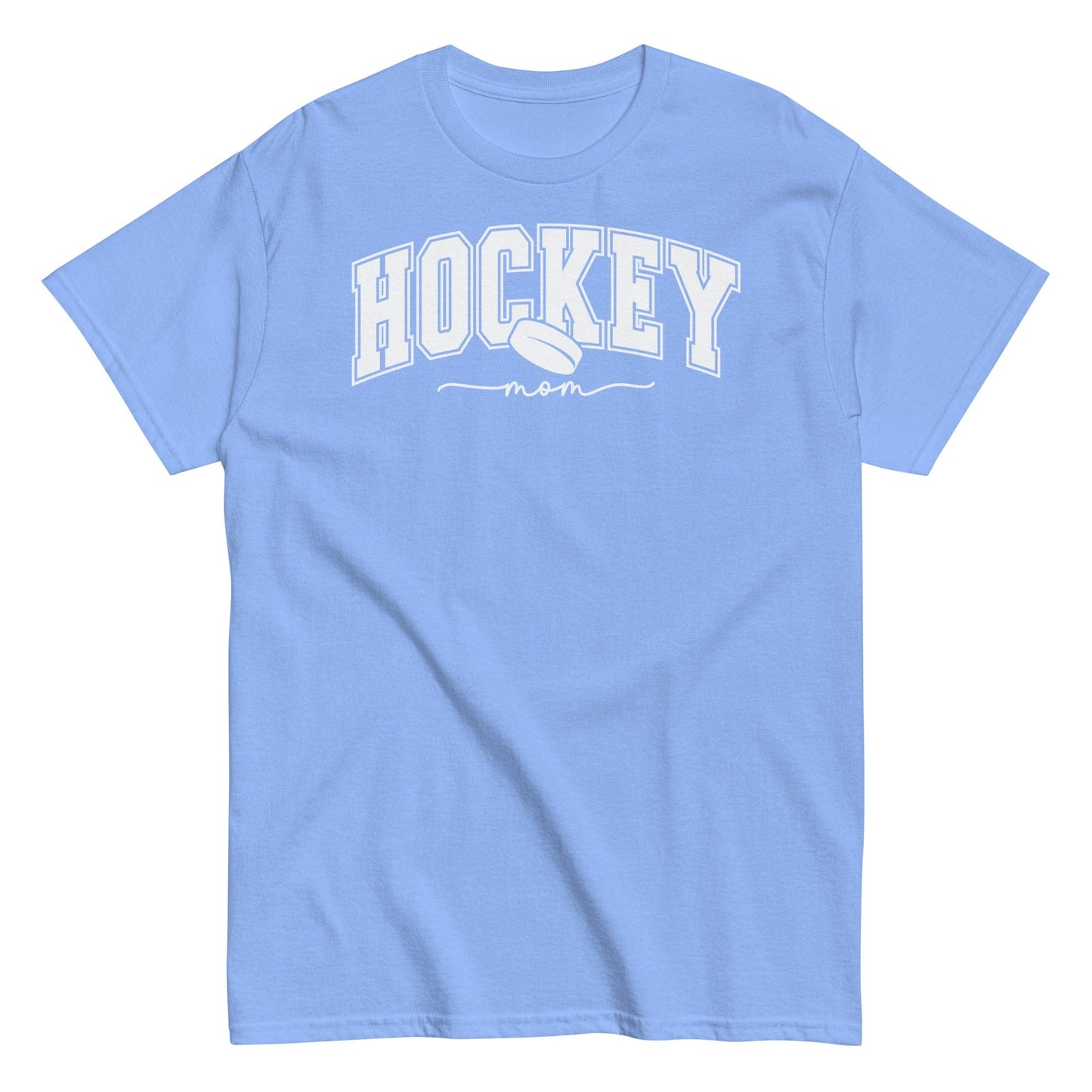 Varsity Style Hockey Mom Shirt - White Text Carolina Blue / S Spirit Gear Collective T-Shirt