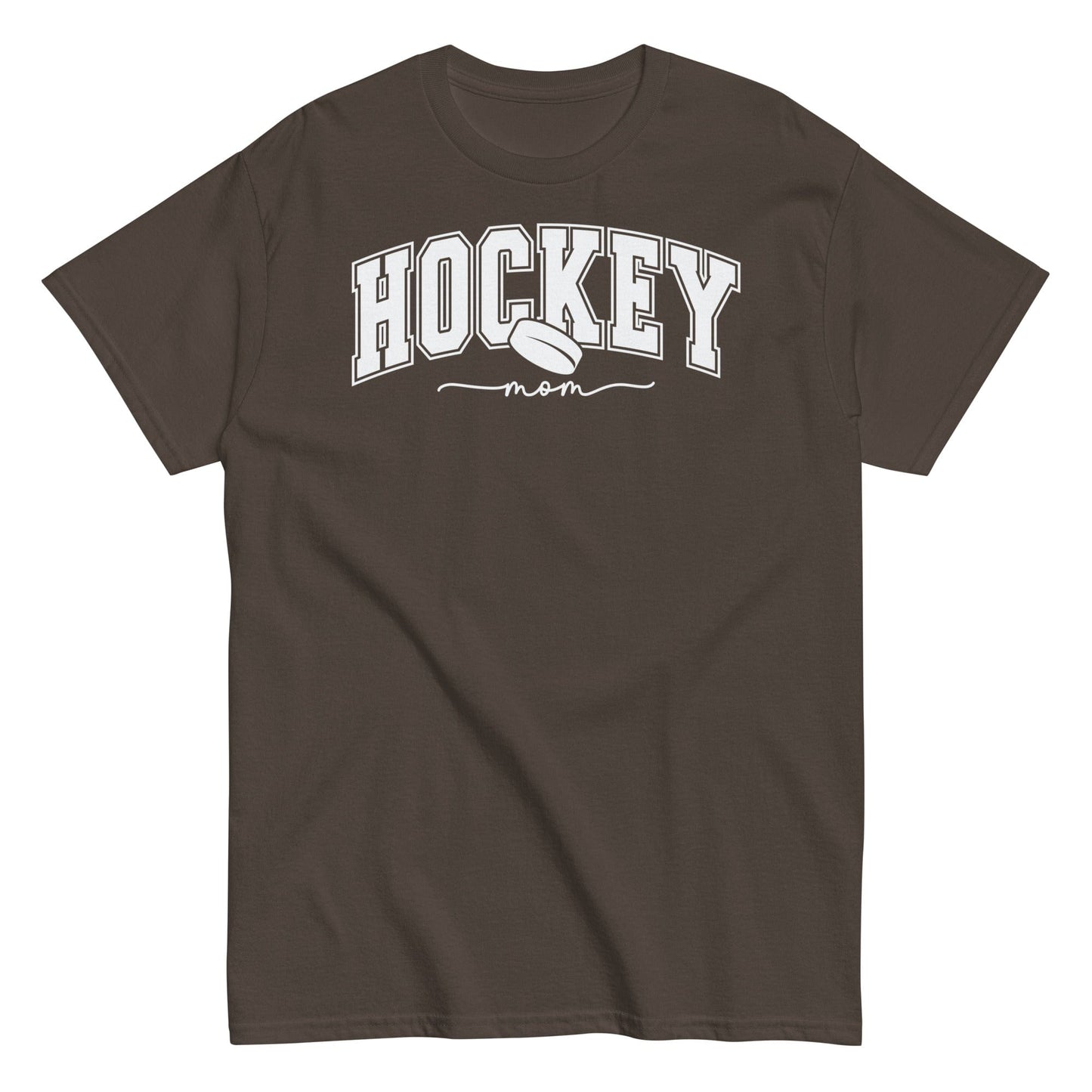 Varsity Style Hockey Mom Shirt - White Text Dark Chocolate / S Spirit Gear Collective T-Shirt