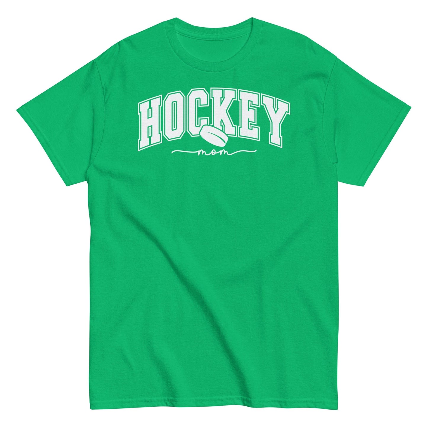 Varsity Style Hockey Mom Shirt - White Text Irish Green / S Spirit Gear Collective T-Shirt