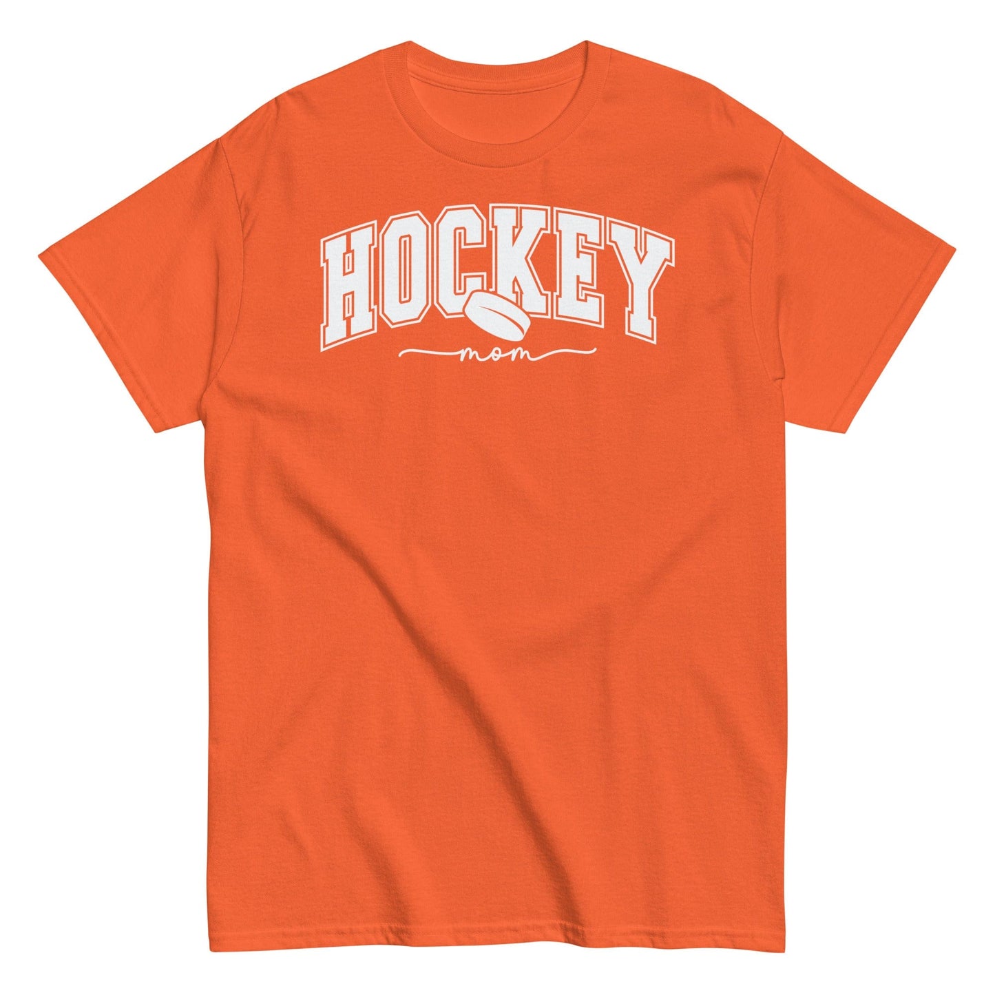 Varsity Style Hockey Mom Shirt - White Text Orange / S Spirit Gear Collective T-Shirt