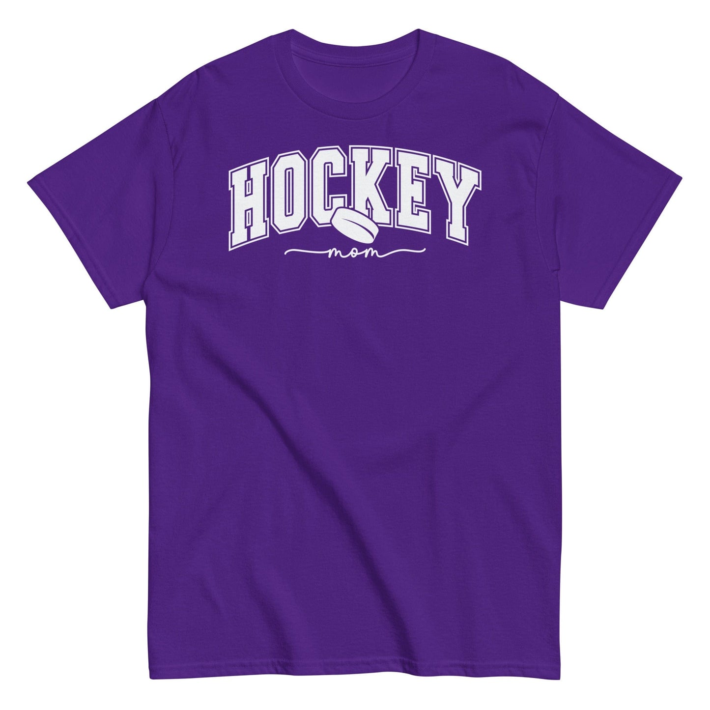 Varsity Style Hockey Mom Shirt - White Text Purple / S Spirit Gear Collective T-Shirt