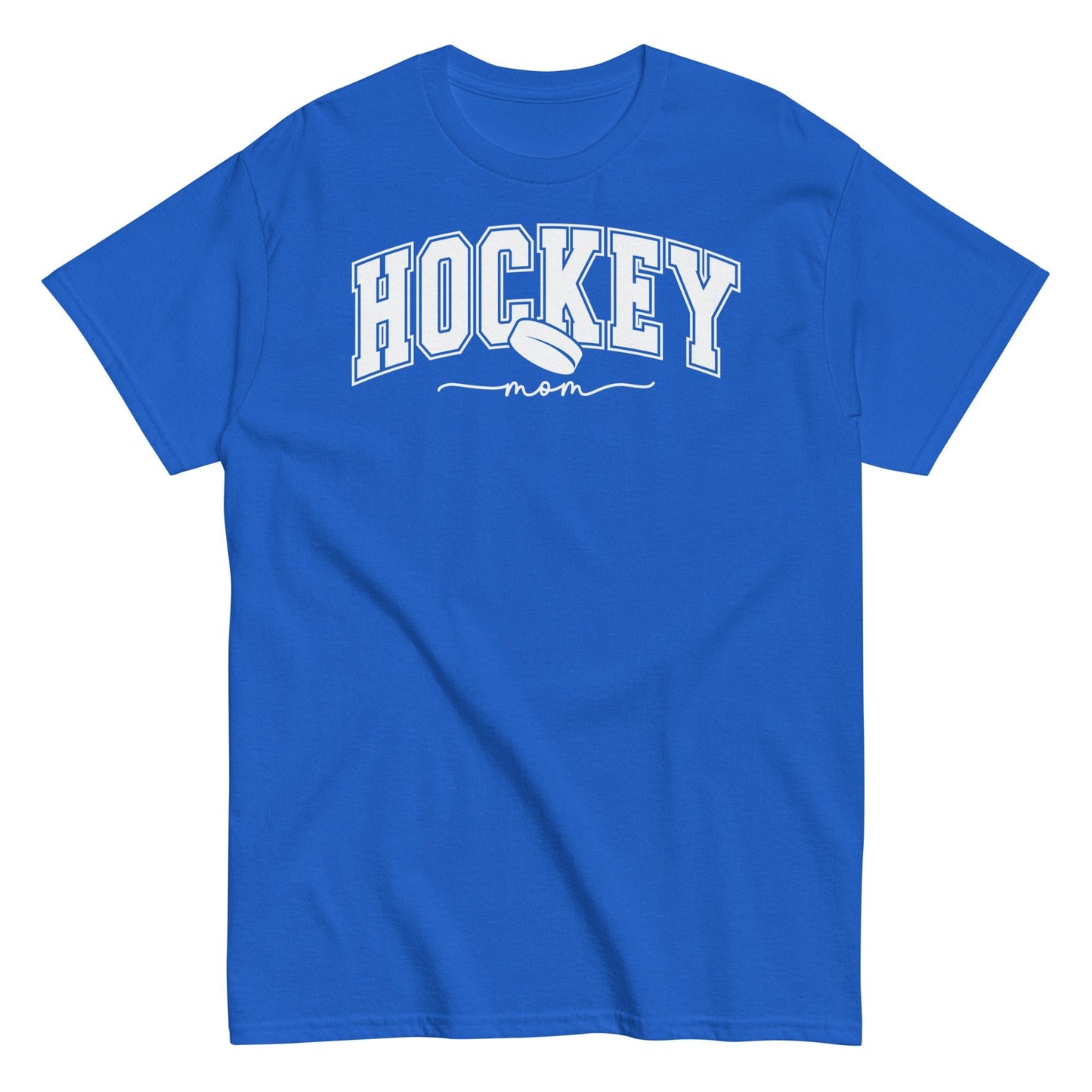 Varsity Style Hockey Mom Shirt - White Text Royal / S Spirit Gear Collective T-Shirt