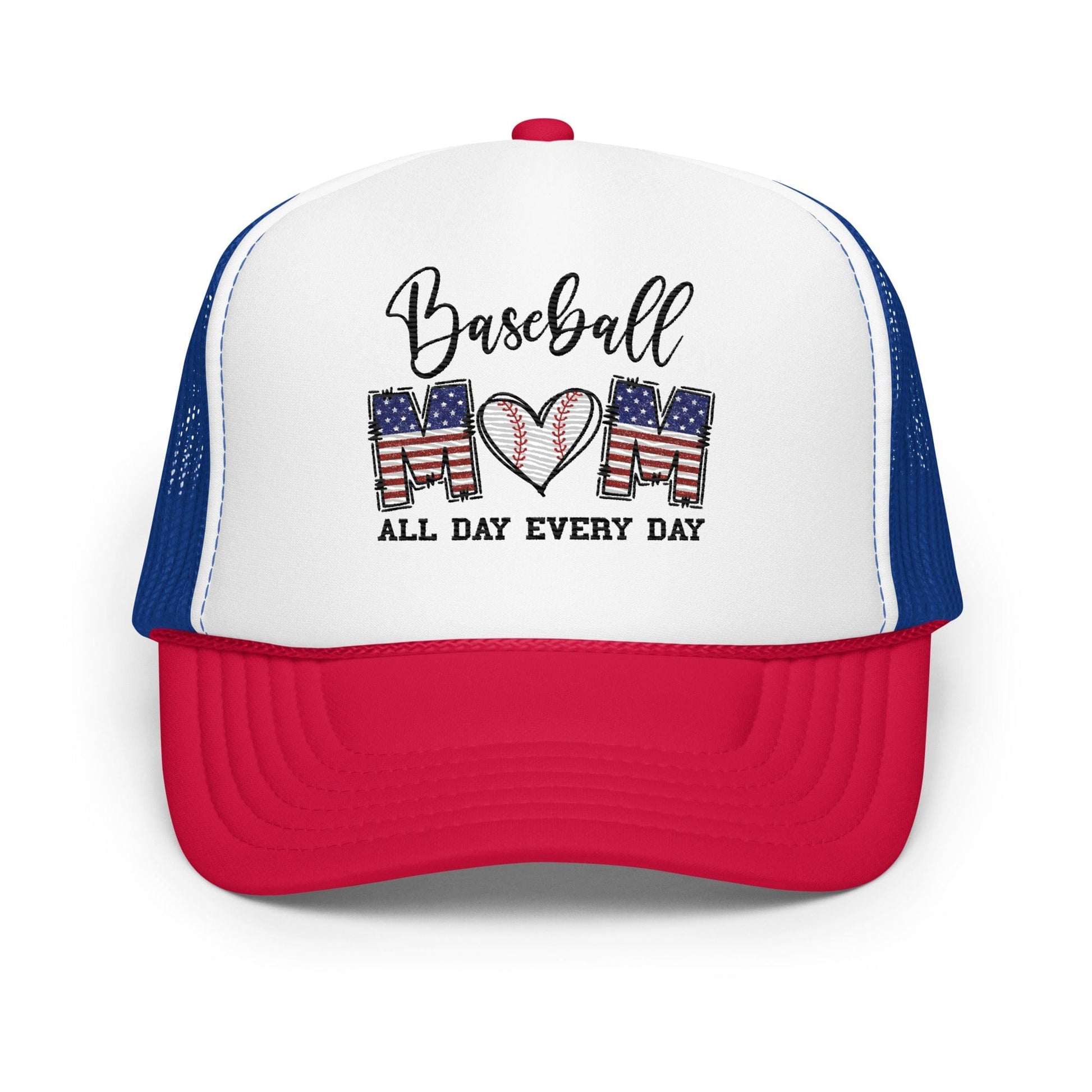 Baseball Mom - All Day Everyday - Embroidered Hat - Foam Trucker Hat White / Royal / Red Spirit Gear Collective Hat