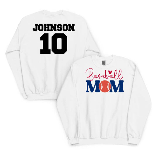 Baseball Mom Sweatshirt - Personalized Name & Jersey Number | Choose Front Graphic, Font & Color Custom Baseball Mom Sweatshirt / Ash / S Spirit Gear Collective Custom Baseball Mom Sweatshirt