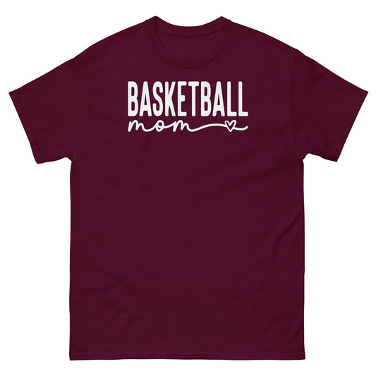 Basketball Mom Shirt with Heart - White Text Maroon / S Spirit Gear Collective T-Shirt