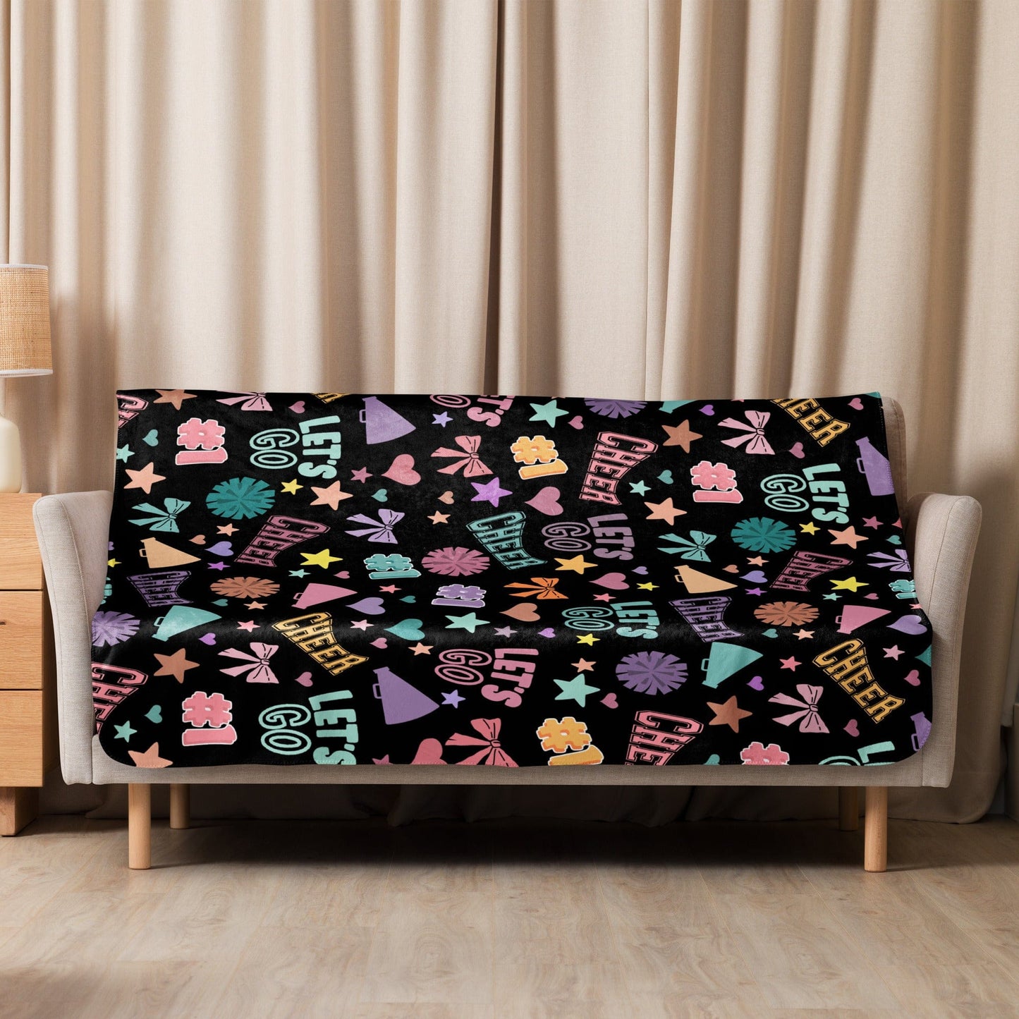 Black Cheer Pattern Sherpa Blanket – Super Cozy Cheerleader Gift 50″×60″ Spirit Gear Collective Cheer Blanket