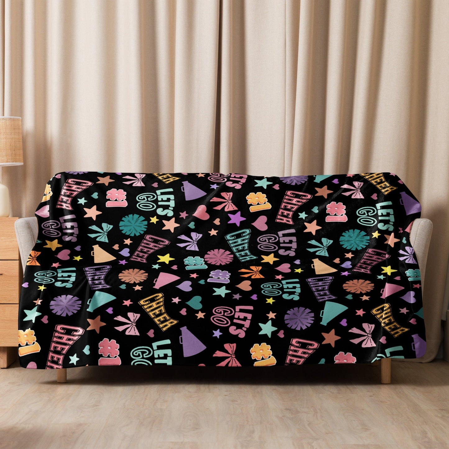 Black Cheer Pattern Sherpa Blanket – Super Cozy Cheerleader Gift 60″×80″ Spirit Gear Collective Cheer Blanket