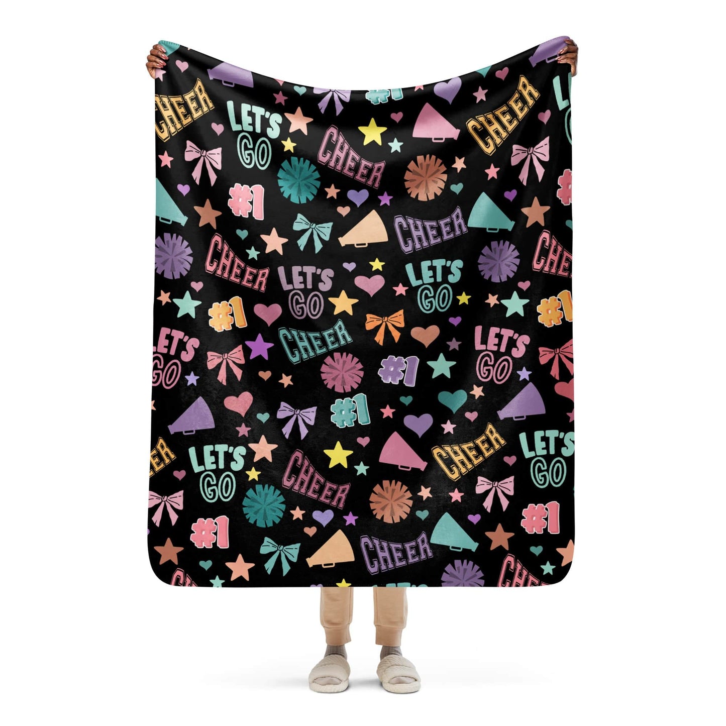 Black Cheer Pattern Sherpa Blanket – Super Cozy Cheerleader Gift Spirit Gear Collective Cheer Blanket