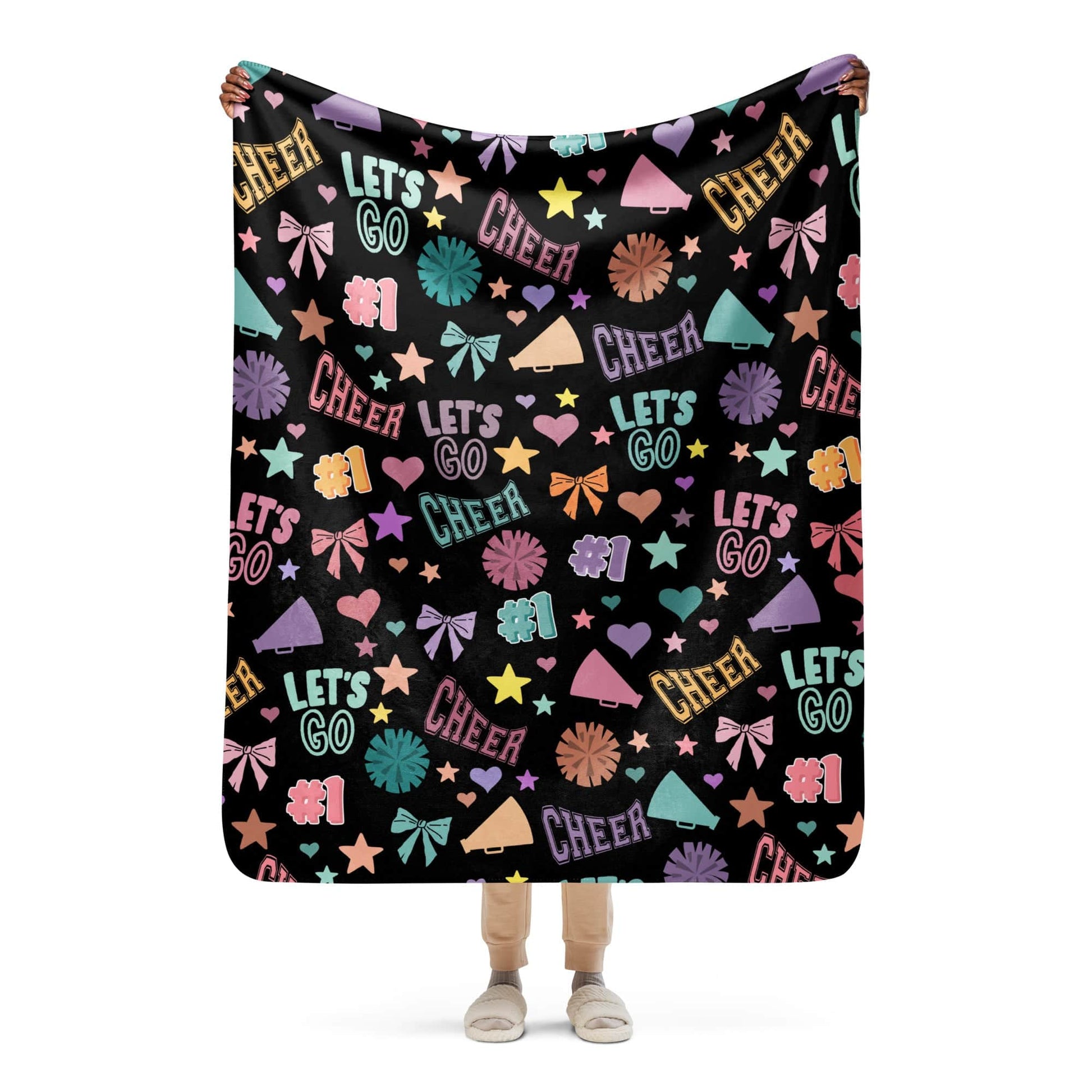 Black Cheer Pattern Sherpa Blanket – Super Cozy Cheerleader Gift Spirit Gear Collective Cheer Blanket