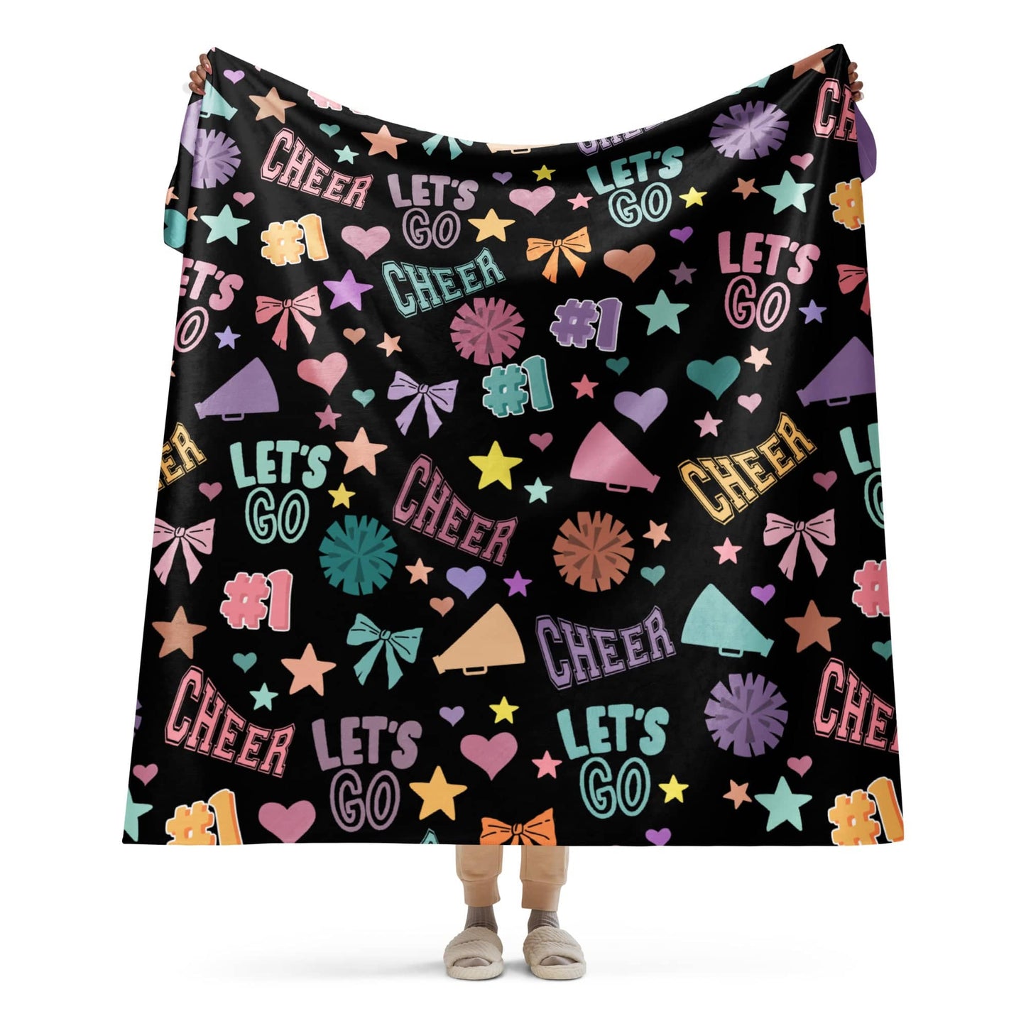 Black Cheer Pattern Sherpa Blanket – Super Cozy Cheerleader Gift Spirit Gear Collective Cheer Blanket