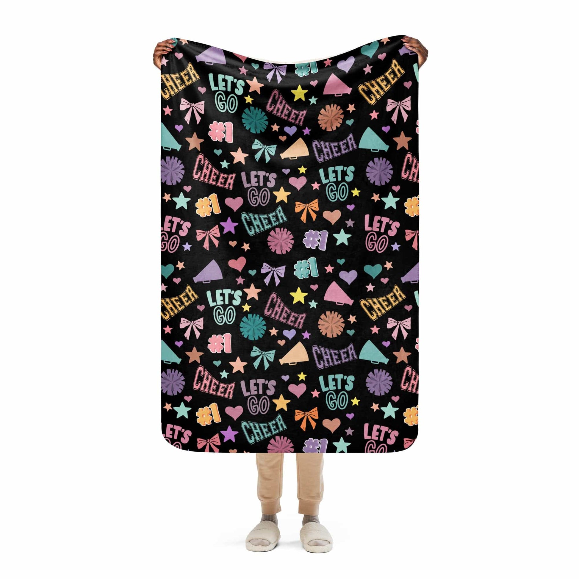 Black Cheer Pattern Sherpa Blanket – Super Cozy Cheerleader Gift Spirit Gear Collective Cheer Blanket