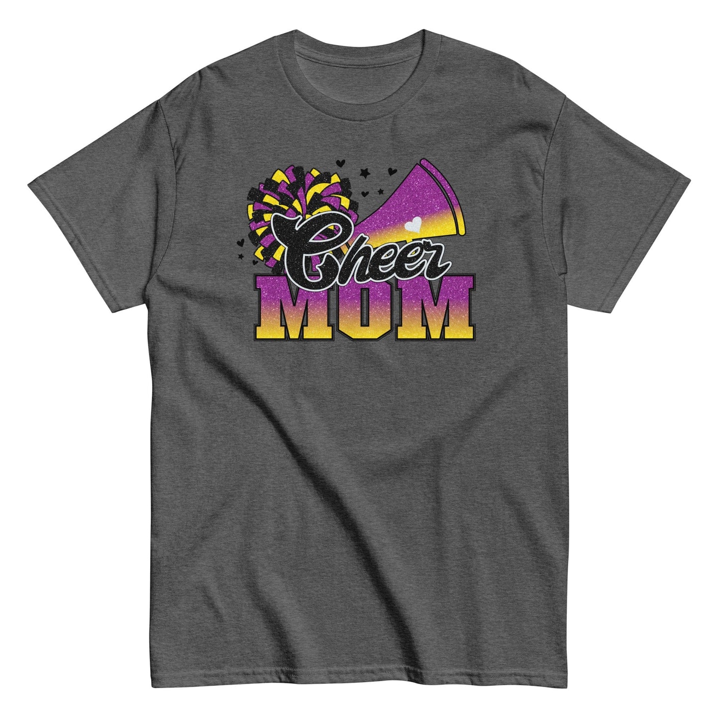 Cheer Mom Shirt (Purple and Yellow) Dark Heather / S Spirit Gear Collective T-Shirt