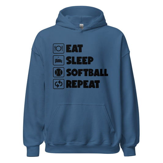 Eat, Sleep, Softball, Repeat Hoodie Indigo Blue / S Spirit Gear Collective Hoodie